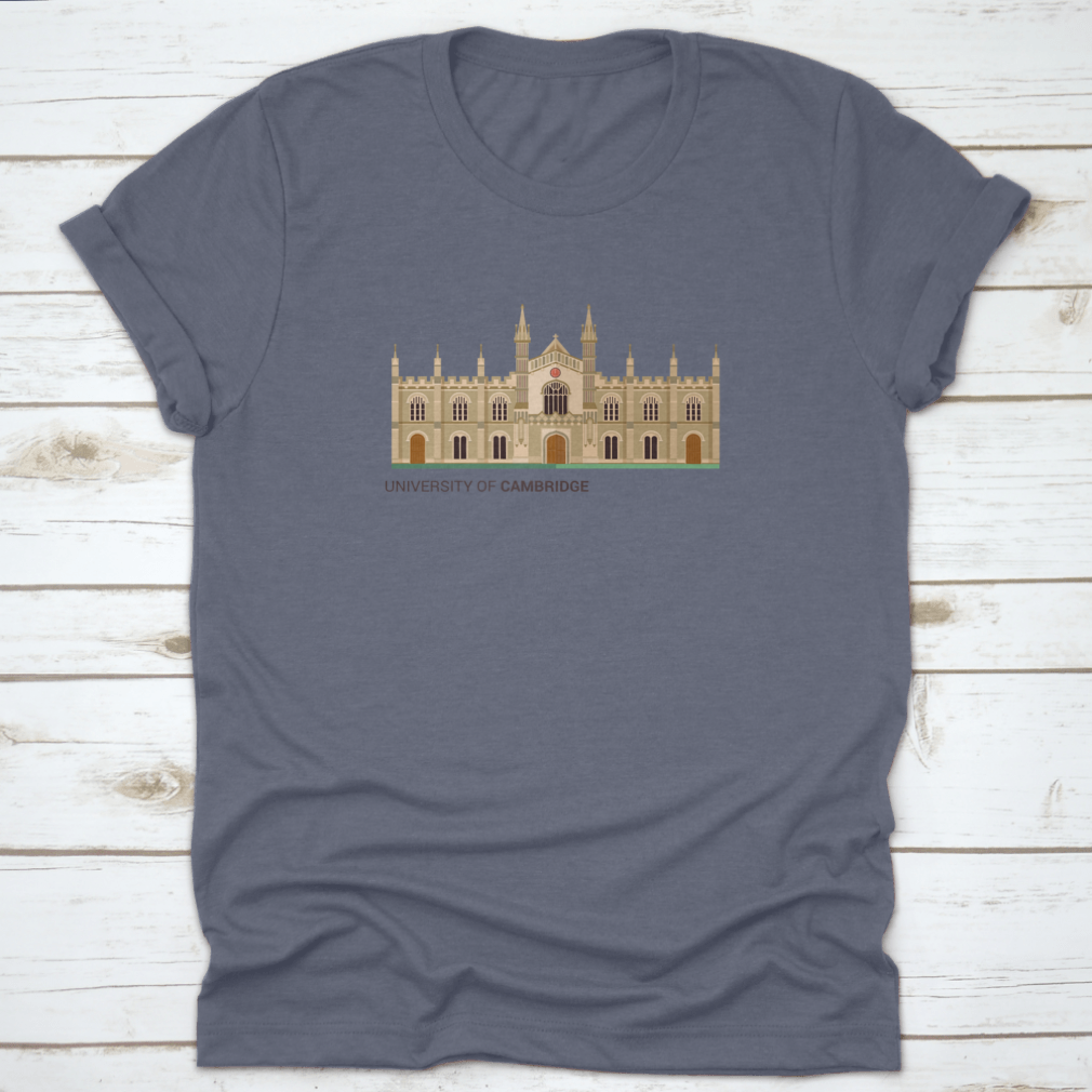 A trendy t-shirt featuring a flat vector illustration of the University Of Cambridge, made from 100% cotton for comfort.