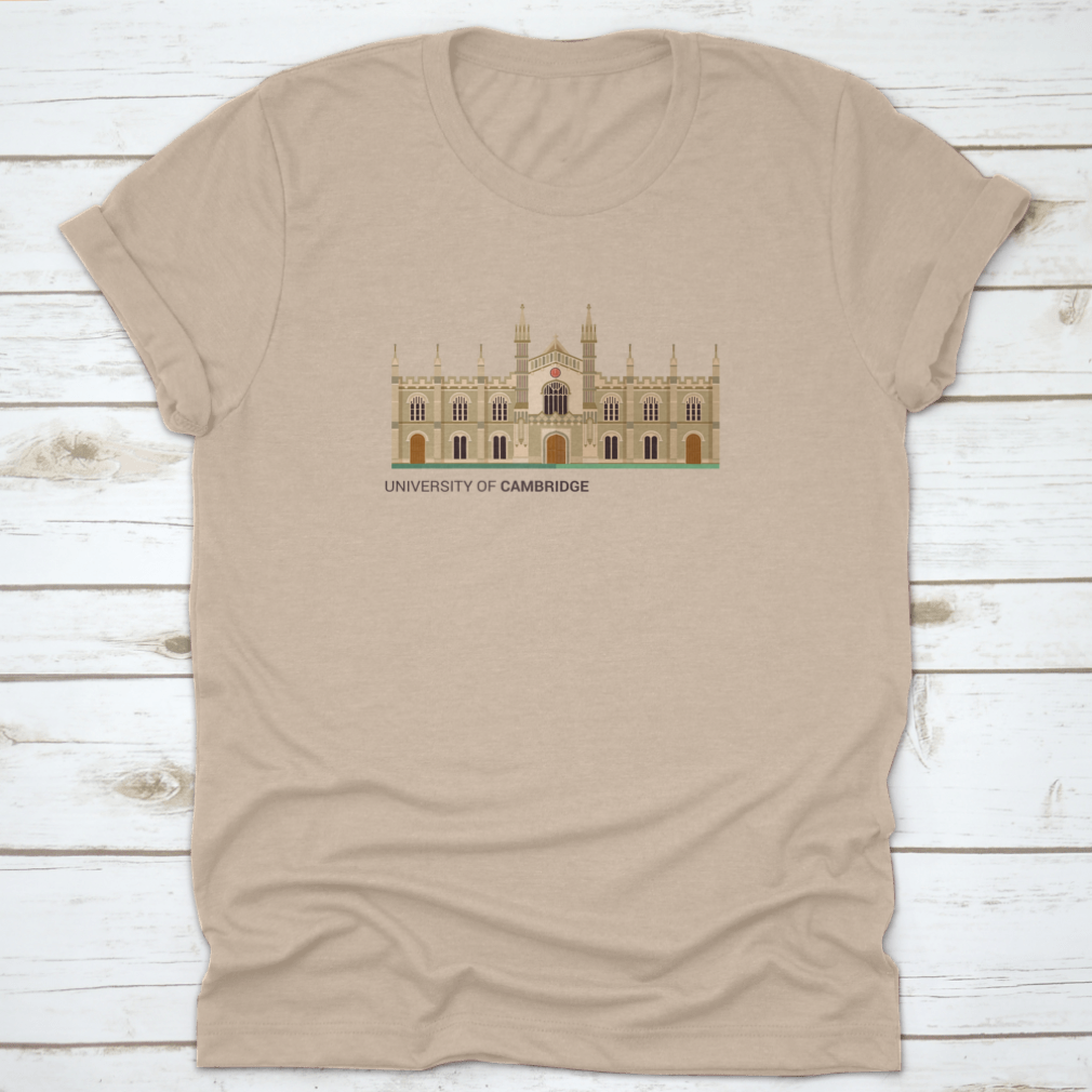 A trendy t-shirt featuring a flat vector illustration of the University Of Cambridge, made from 100% cotton for comfort.