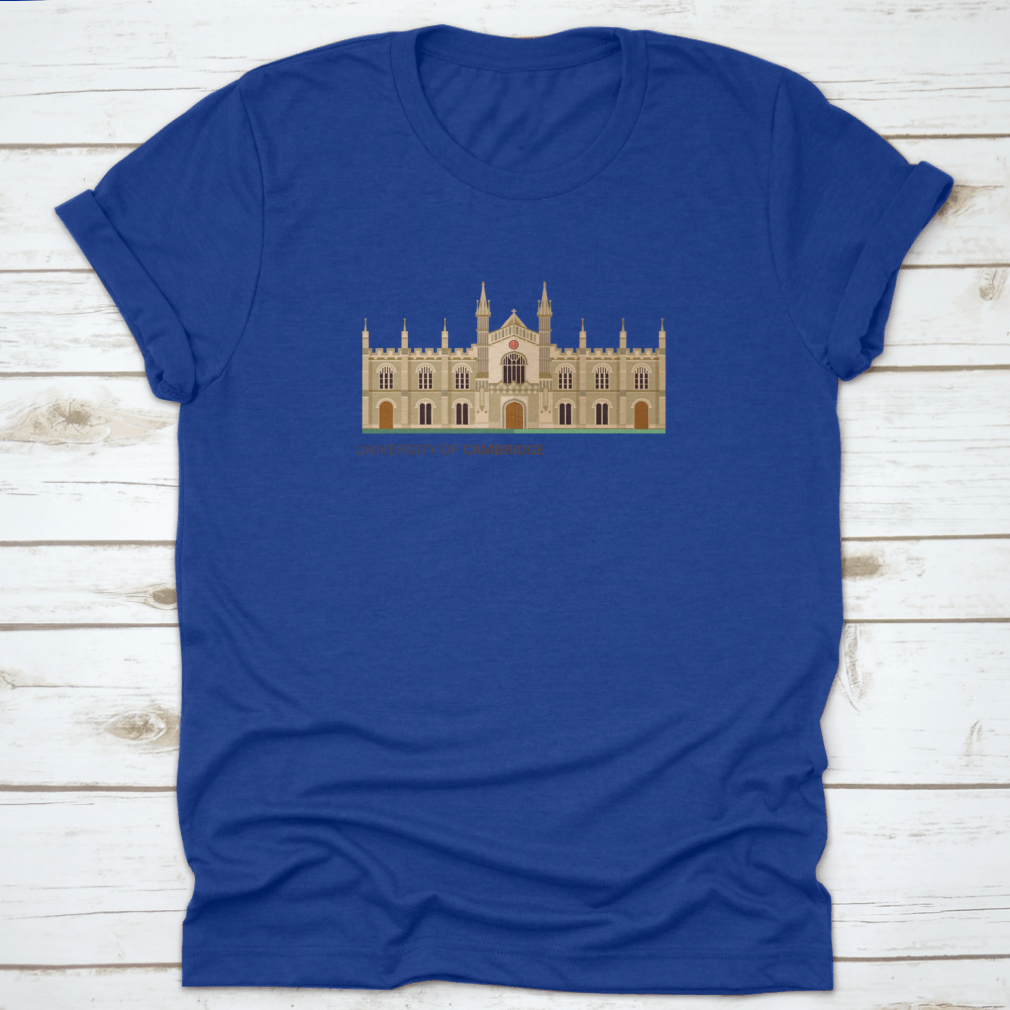 A trendy t-shirt featuring a flat vector illustration of the University Of Cambridge, made from 100% cotton for comfort.