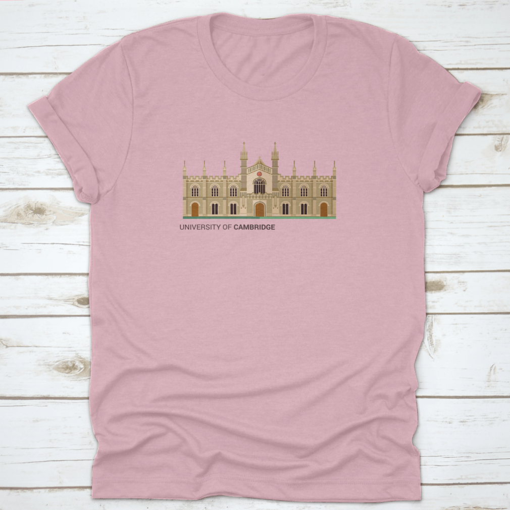 A trendy t-shirt featuring a flat vector illustration of the University Of Cambridge, made from 100% cotton for comfort.