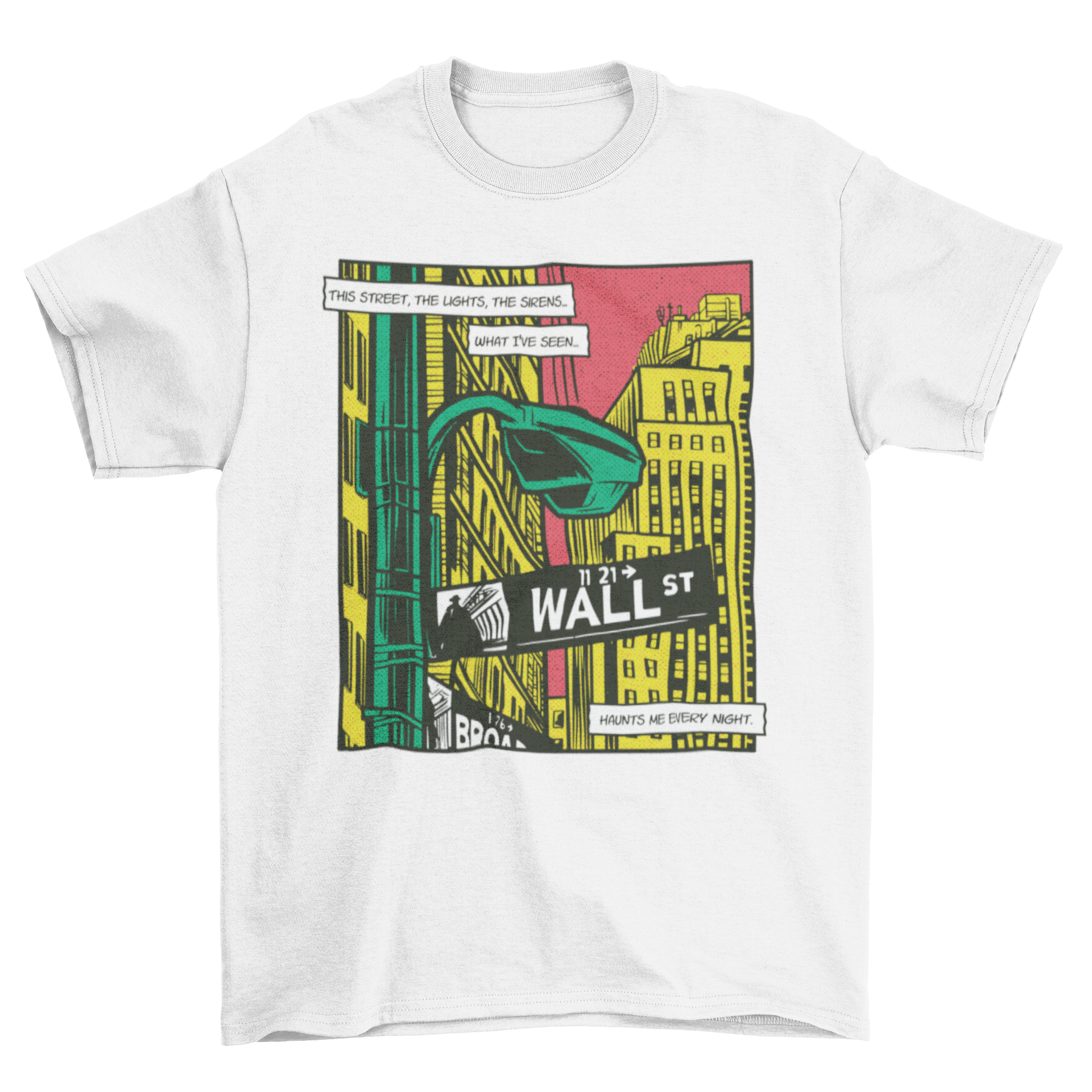 Urban Big City Comic Book Wall Street T-Shirt featuring a vibrant comic book design of a bustling city.