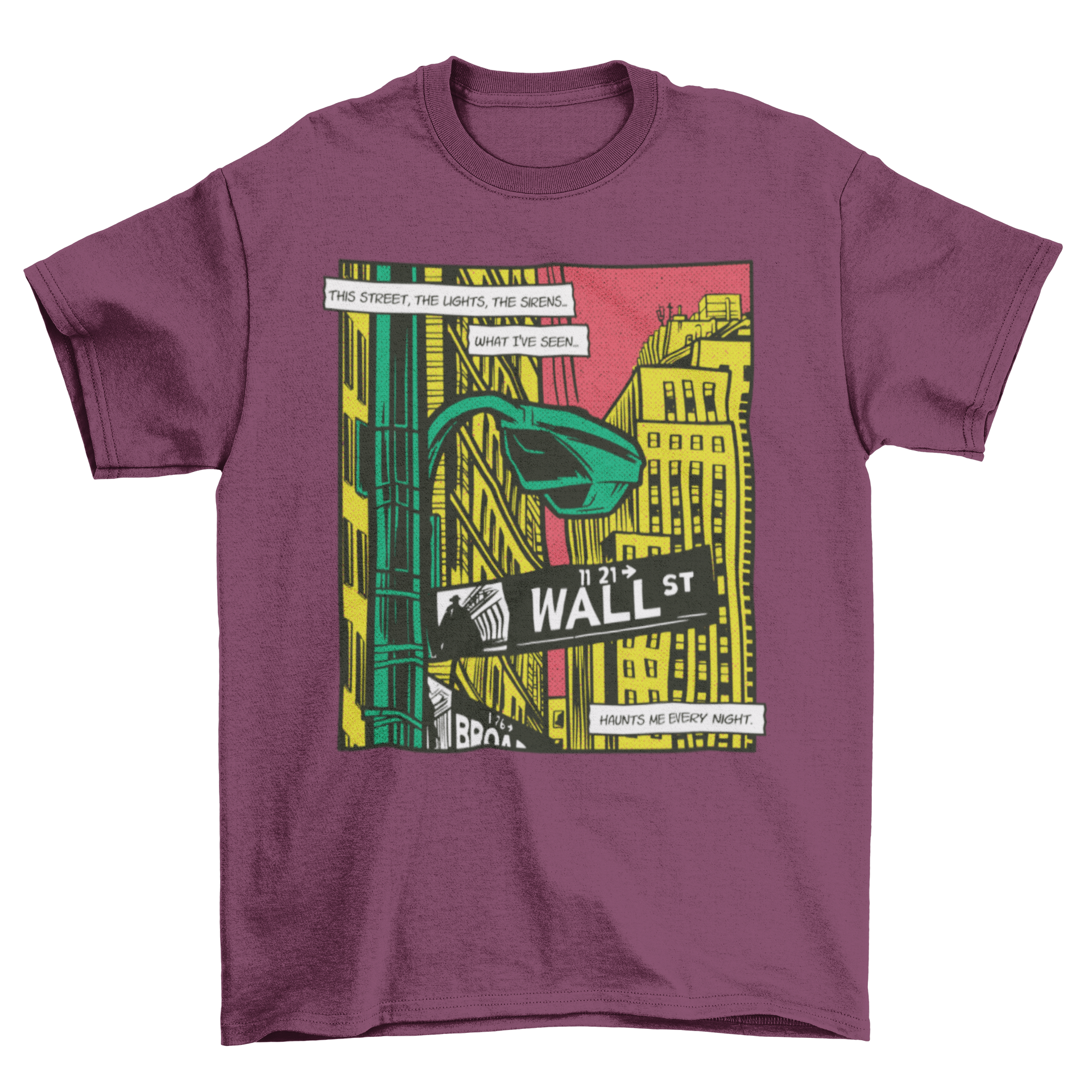 Urban Big City Comic Book Wall Street T-Shirt featuring a vibrant comic book design of a bustling city.