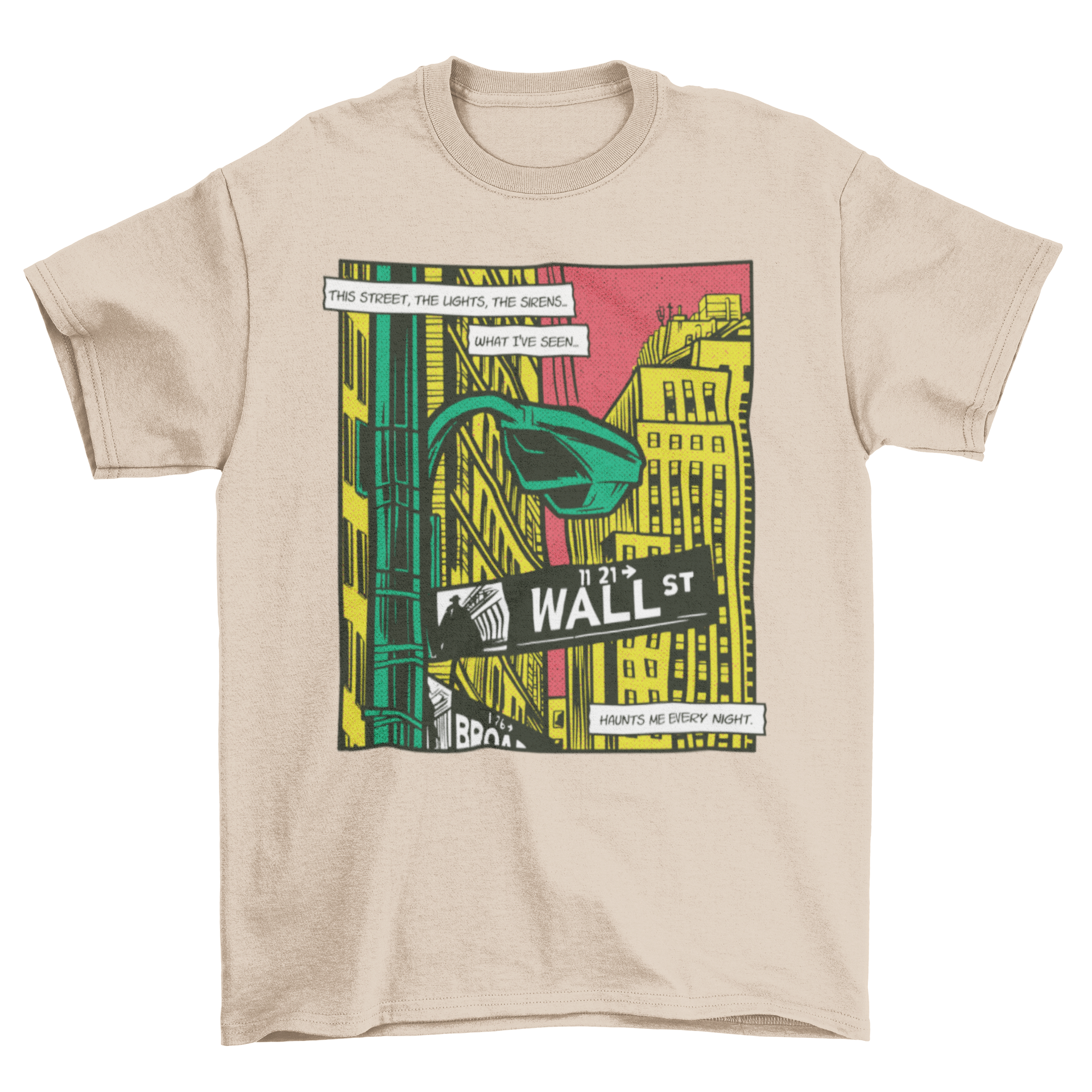 Urban Big City Comic Book Wall Street T-Shirt featuring a vibrant comic book design of a bustling city.