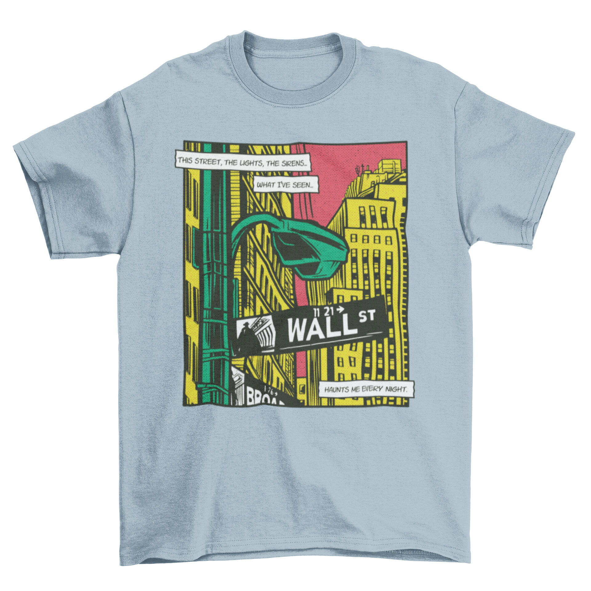 Urban Big City Comic Book Wall Street T-Shirt featuring a vibrant comic book design of a bustling city.