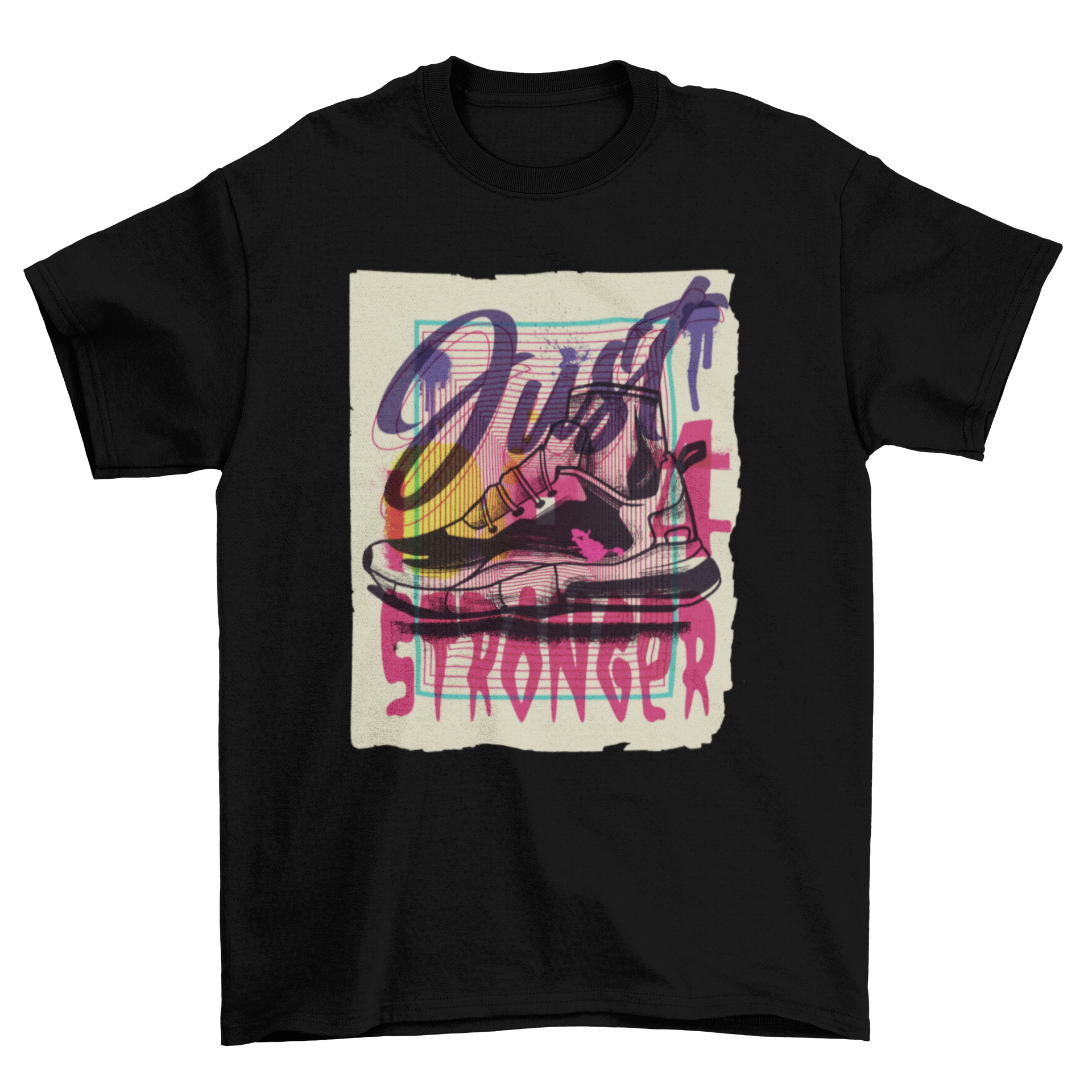 Urban Graffiti Grunge Sports Shoes t-shirt featuring a colorful sports shoe design and the quote 'Just stronger'.