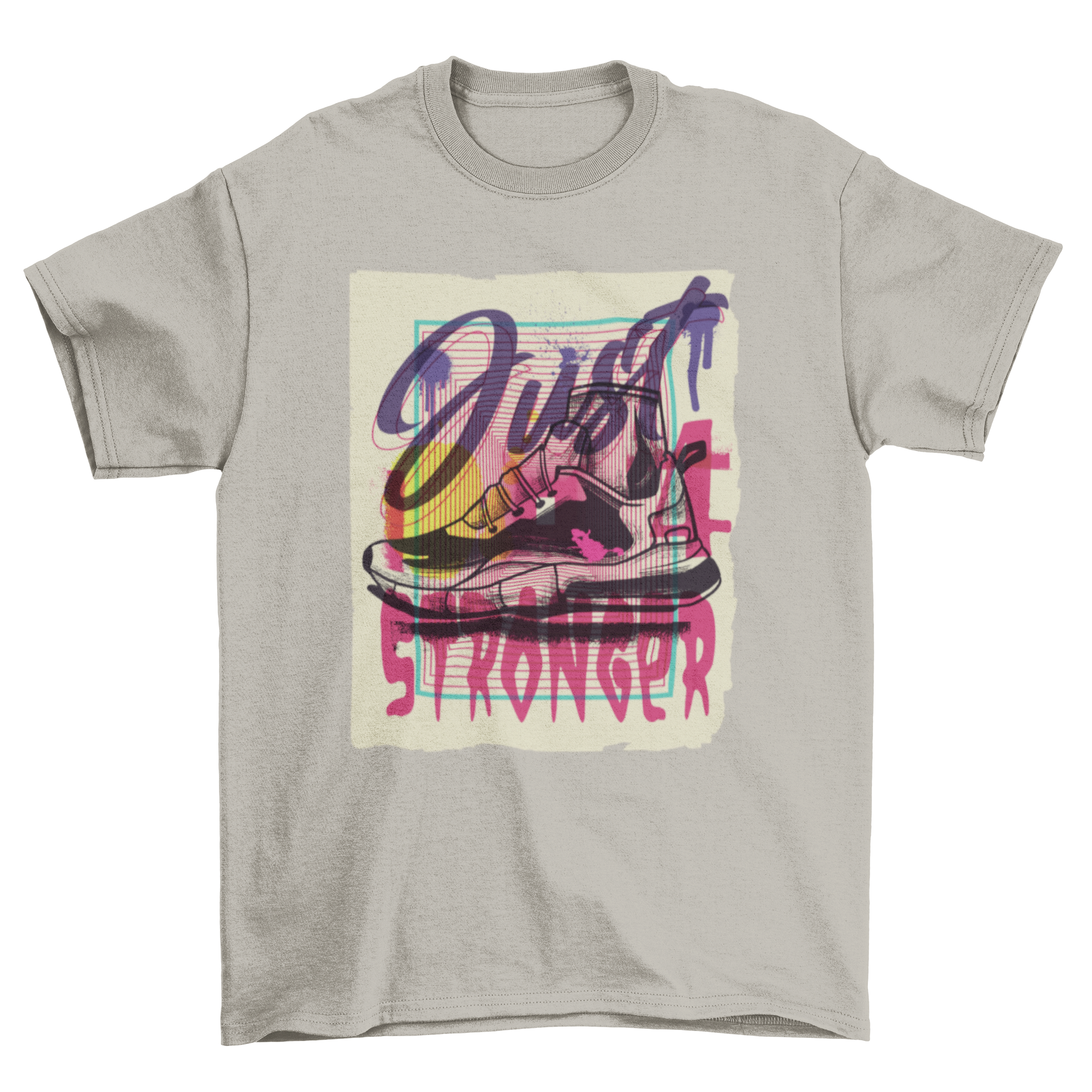 Urban Graffiti Grunge Sports Shoes t-shirt featuring a colorful sports shoe design and the quote 'Just stronger'.