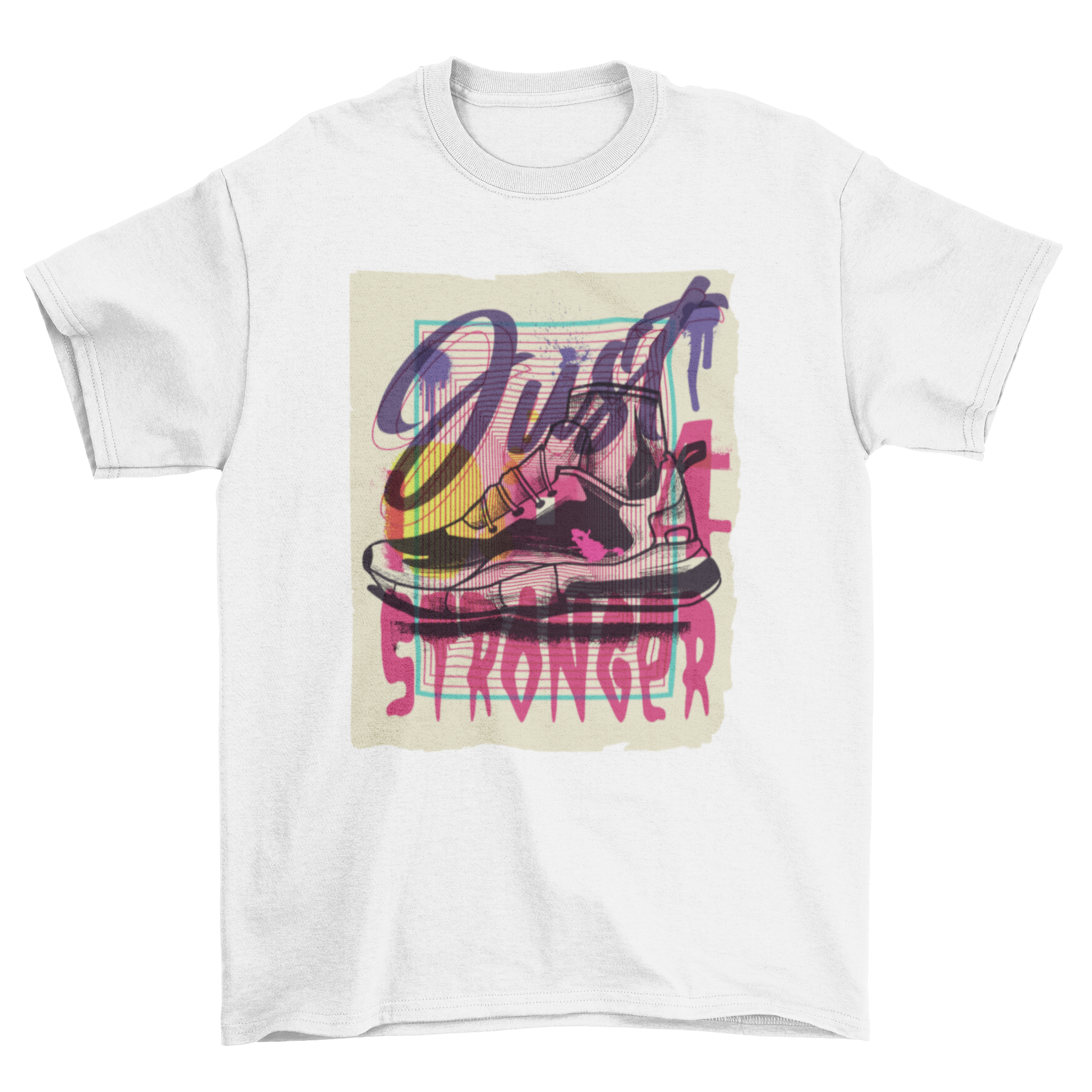 Urban Graffiti Grunge Sports Shoes t-shirt featuring a colorful sports shoe design and the quote 'Just stronger'.