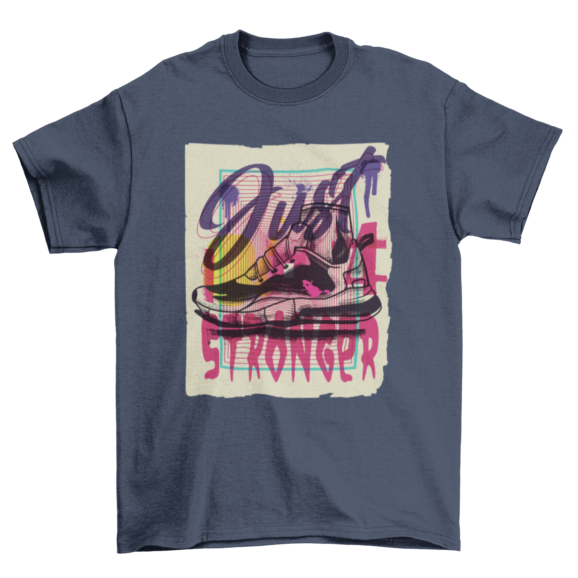 Urban Graffiti Grunge Sports Shoes t-shirt featuring a colorful sports shoe design and the quote 'Just stronger'.