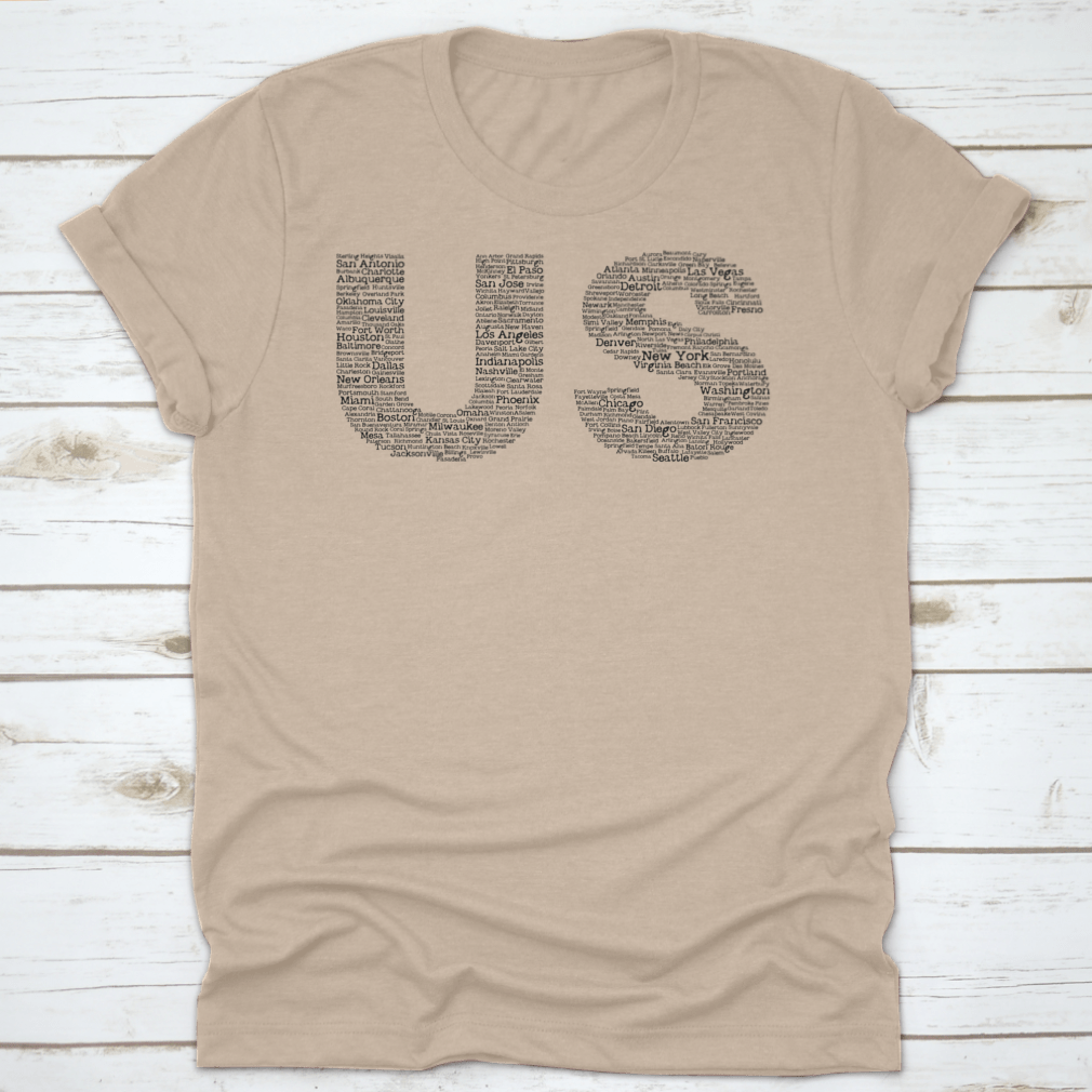 Trendy Us Letters shirt featuring cities' names inside a cloud background, showcasing a stylish design on a comfortable fabric.