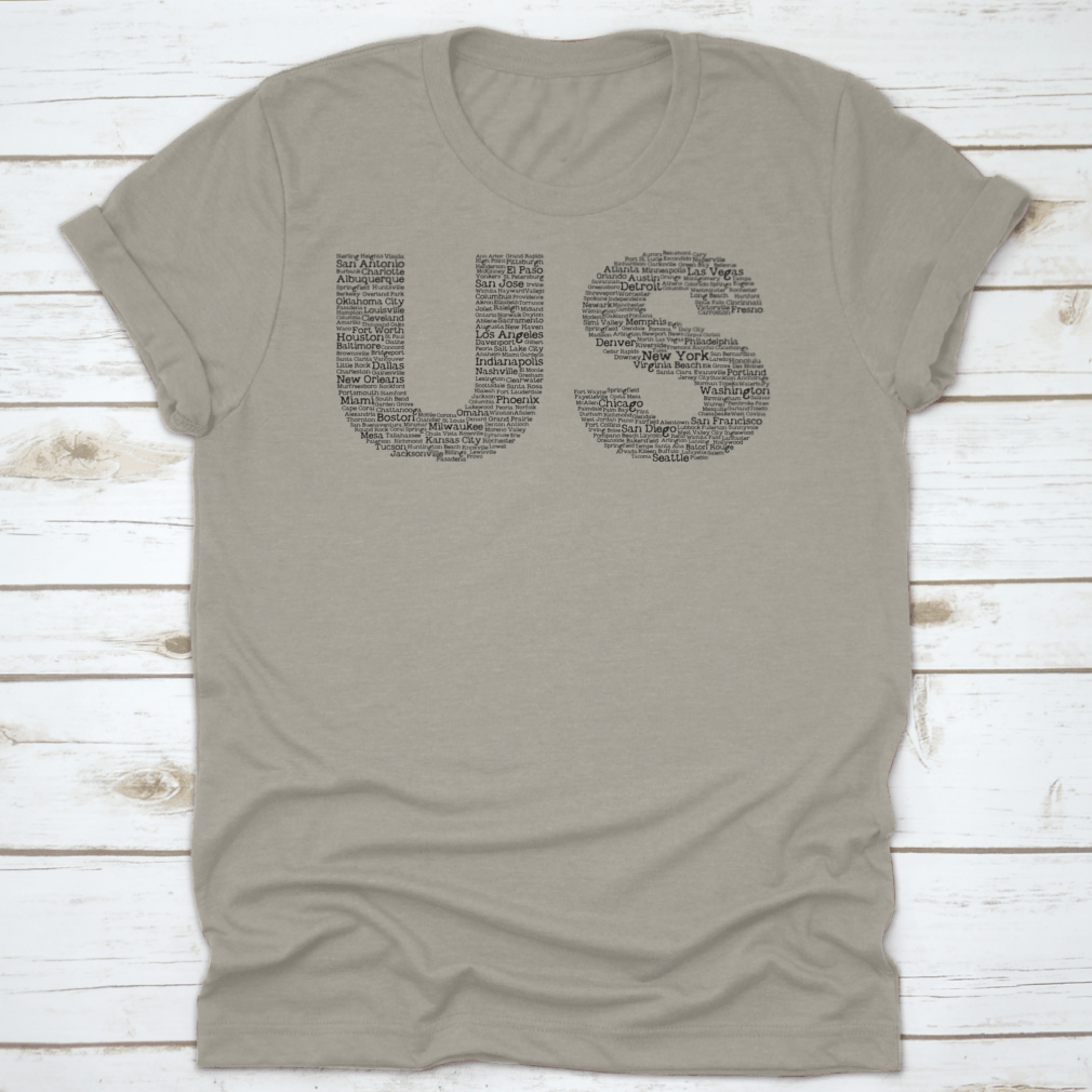 Trendy Us Letters shirt featuring cities' names inside a cloud background, showcasing a stylish design on a comfortable fabric.