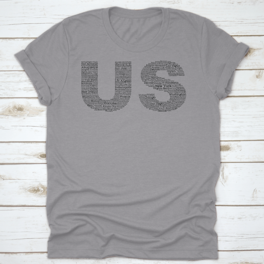 Trendy Us Letters shirt featuring cities' names inside a cloud background, showcasing a stylish design on a comfortable fabric.