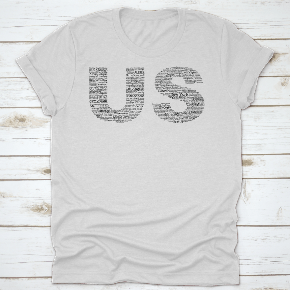 Trendy Us Letters shirt featuring cities' names inside a cloud background, showcasing a stylish design on a comfortable fabric.