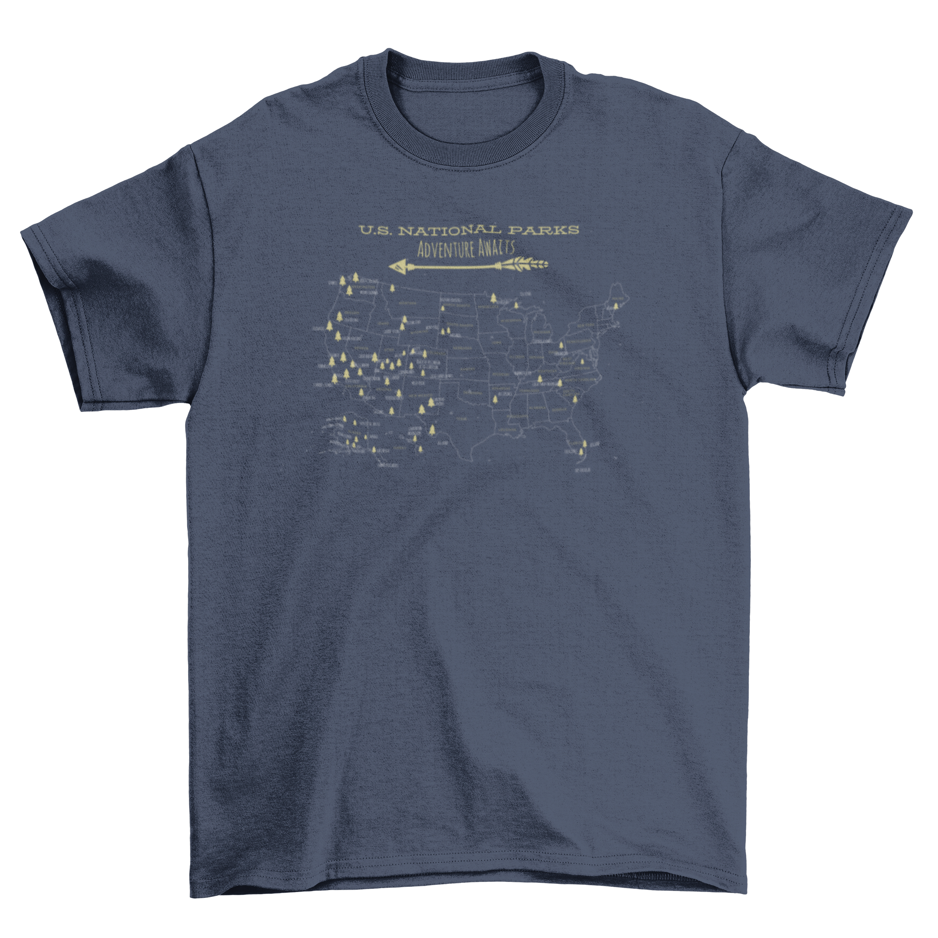 A stylish t-shirt featuring a detailed map of the United States showcasing all national parks, perfect for outdoor enthusiasts.