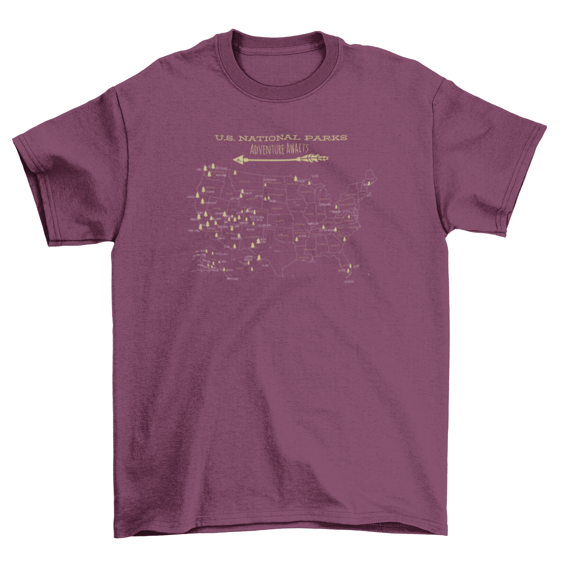 A stylish t-shirt featuring a detailed map of the United States showcasing all national parks, perfect for outdoor enthusiasts.