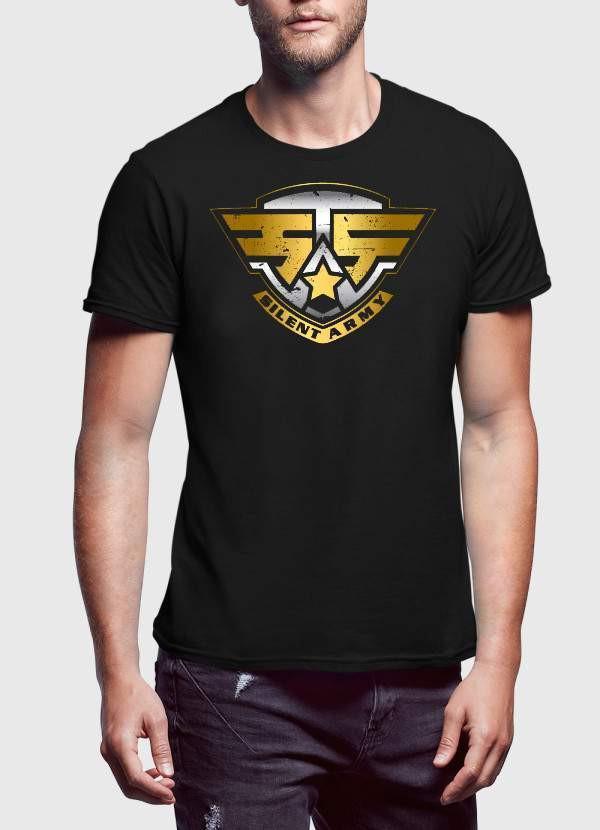 US Silent Army Black Printed T-shirt featuring a unique design on soft cotton fabric, perfect for casual wear.