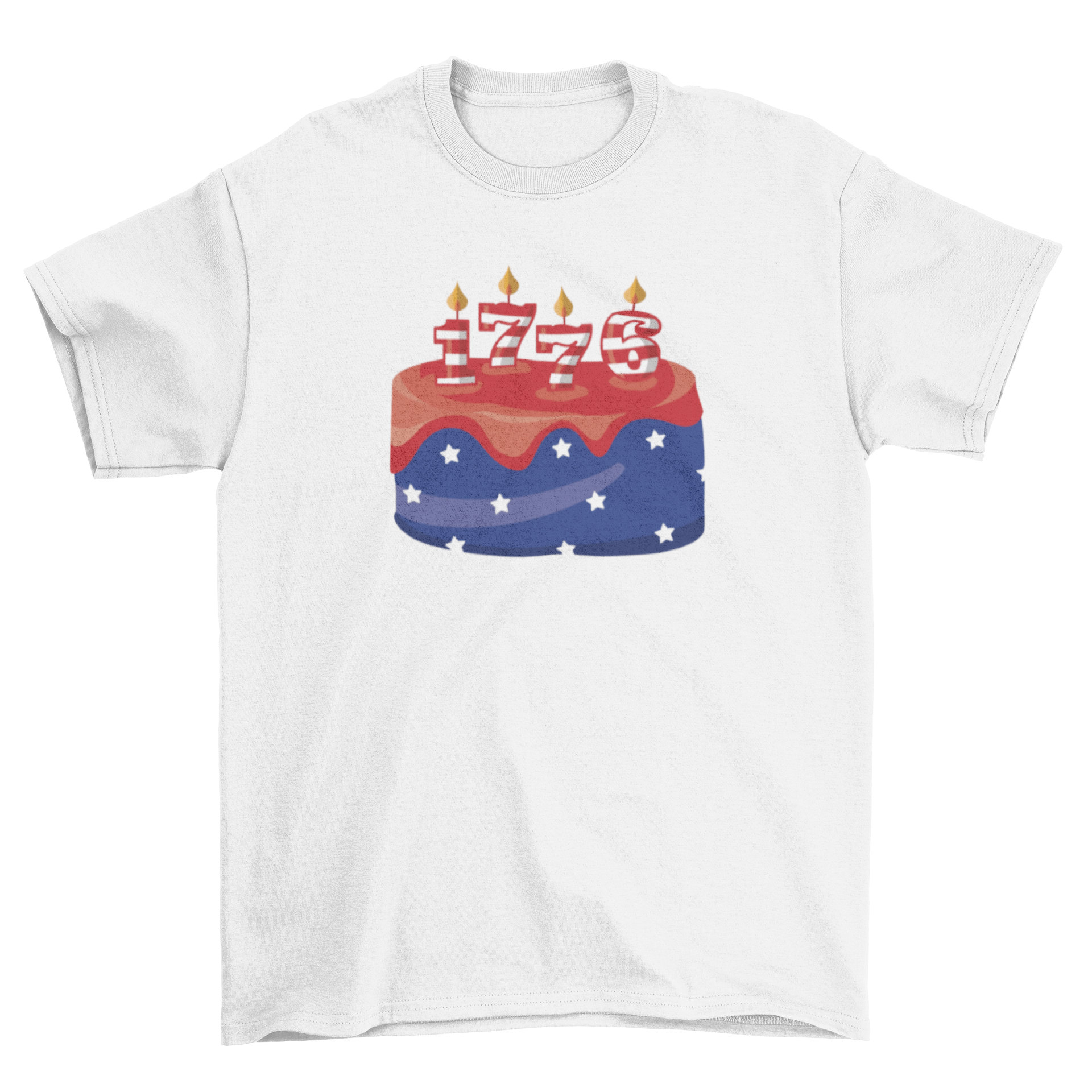 USA Birthday cake t-shirt featuring a colorful cake with candles shaped like 1776, perfect for July 4th celebrations.