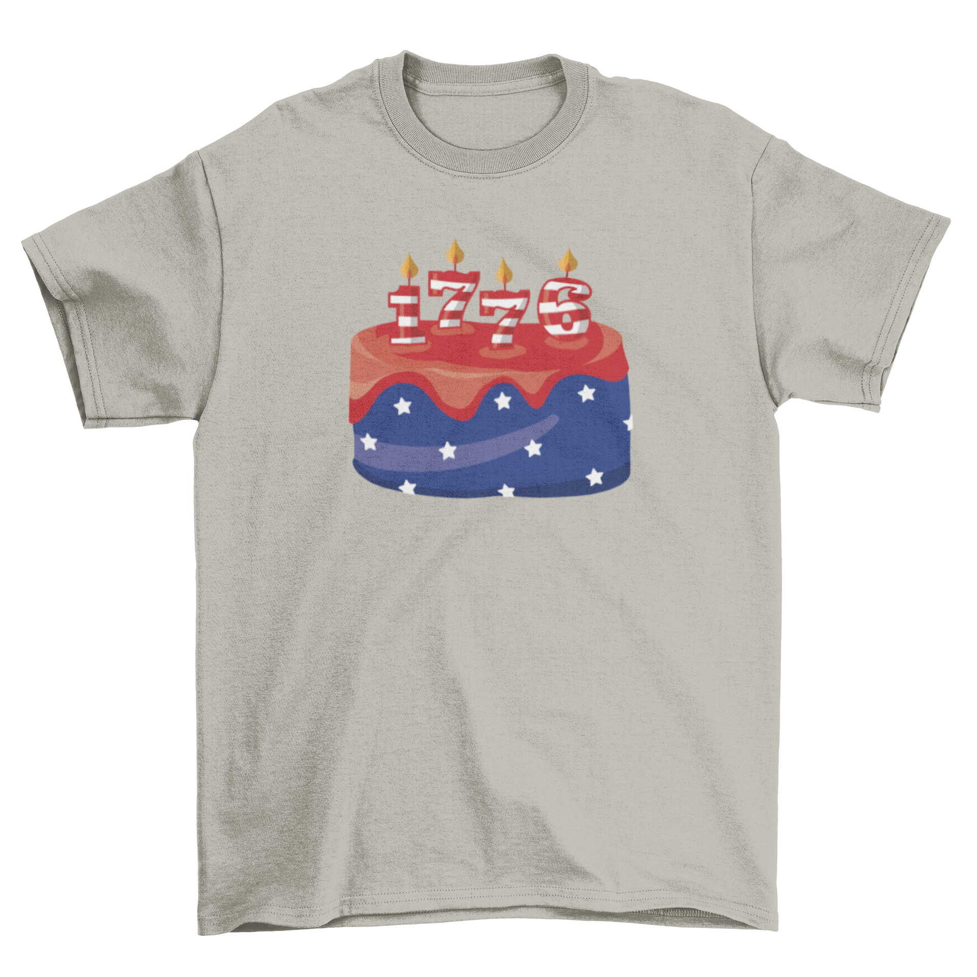 USA Birthday cake t-shirt featuring a colorful cake with candles shaped like 1776, perfect for July 4th celebrations.