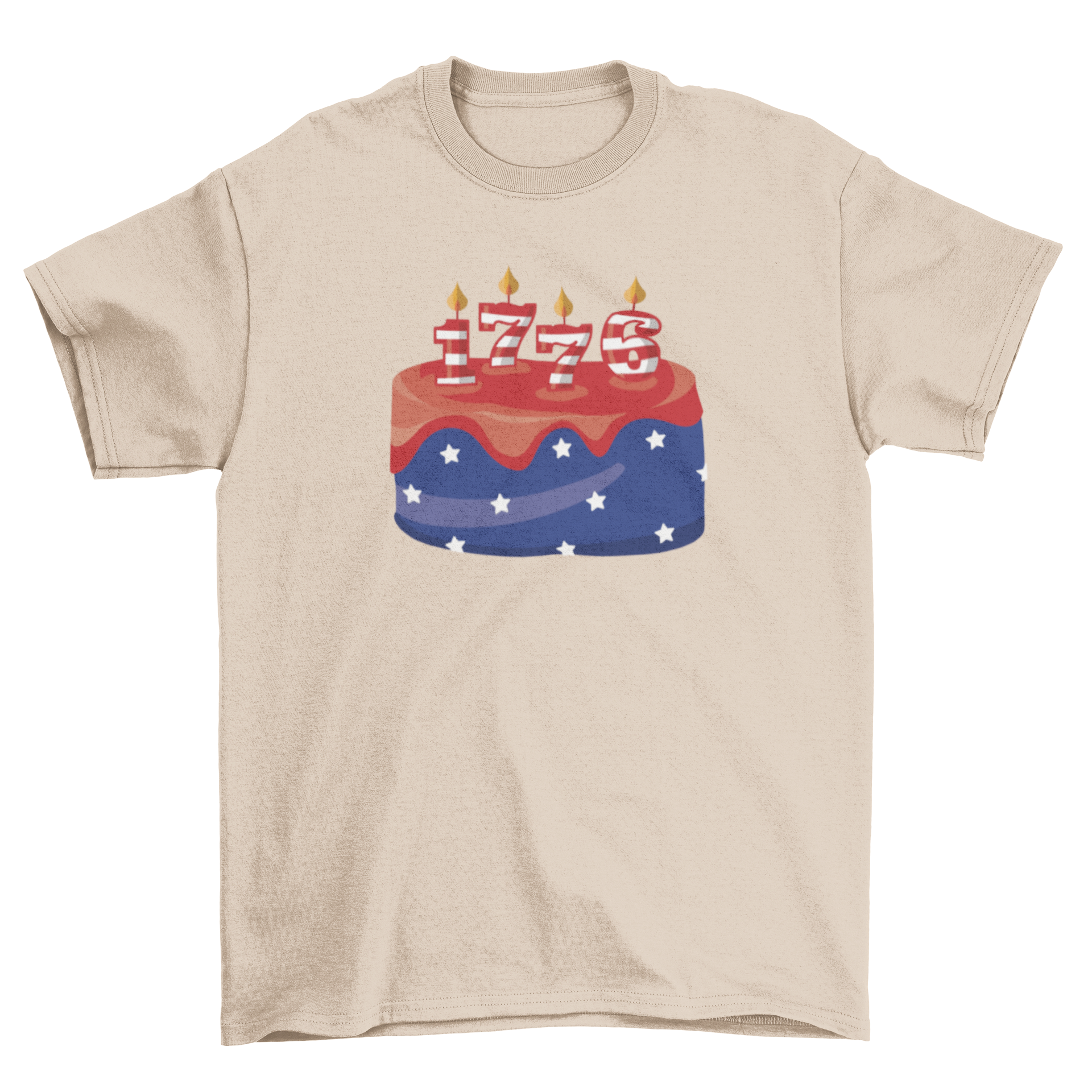 USA Birthday cake t-shirt featuring a colorful cake with candles shaped like 1776, perfect for July 4th celebrations.