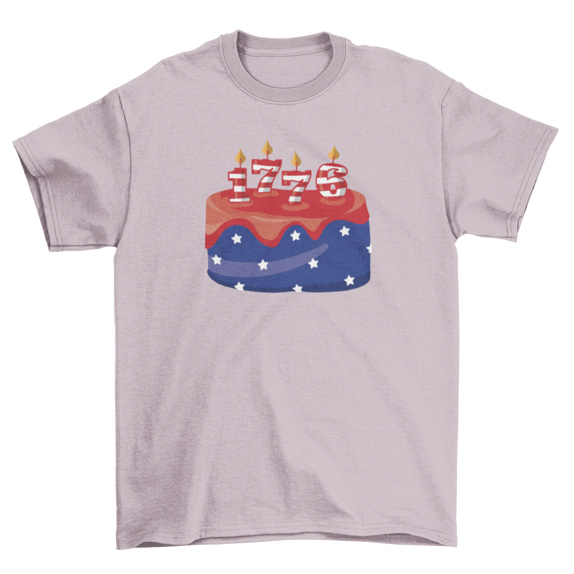 USA Birthday cake t-shirt featuring a colorful cake with candles shaped like 1776, perfect for July 4th celebrations.