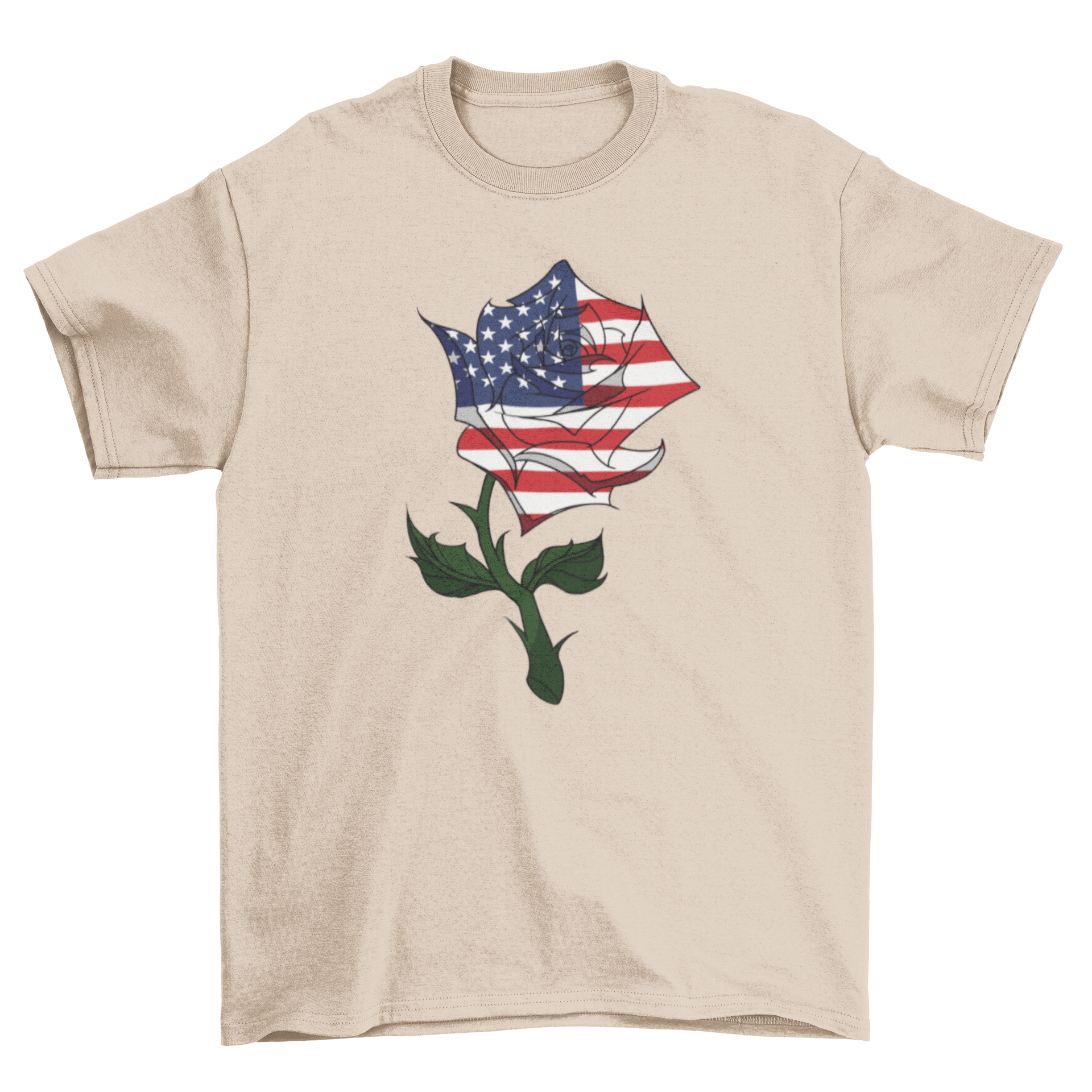 A stylish USA flag rose t-shirt featuring a vibrant rose illustration intertwined with the American flag, showcasing patriotism and artistic design.