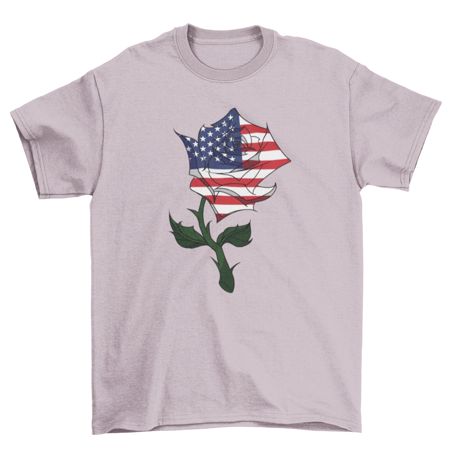 A stylish USA flag rose t-shirt featuring a vibrant rose illustration intertwined with the American flag, showcasing patriotism and artistic design.