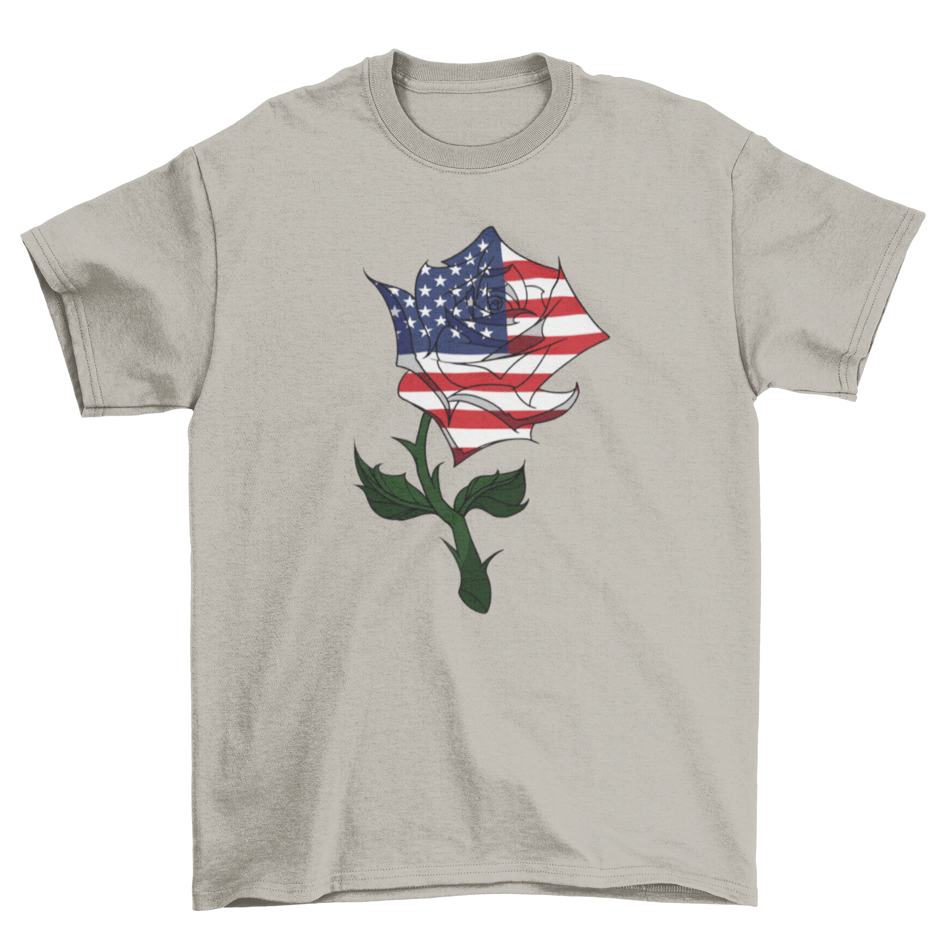 A stylish USA flag rose t-shirt featuring a vibrant rose illustration intertwined with the American flag, showcasing patriotism and artistic design.