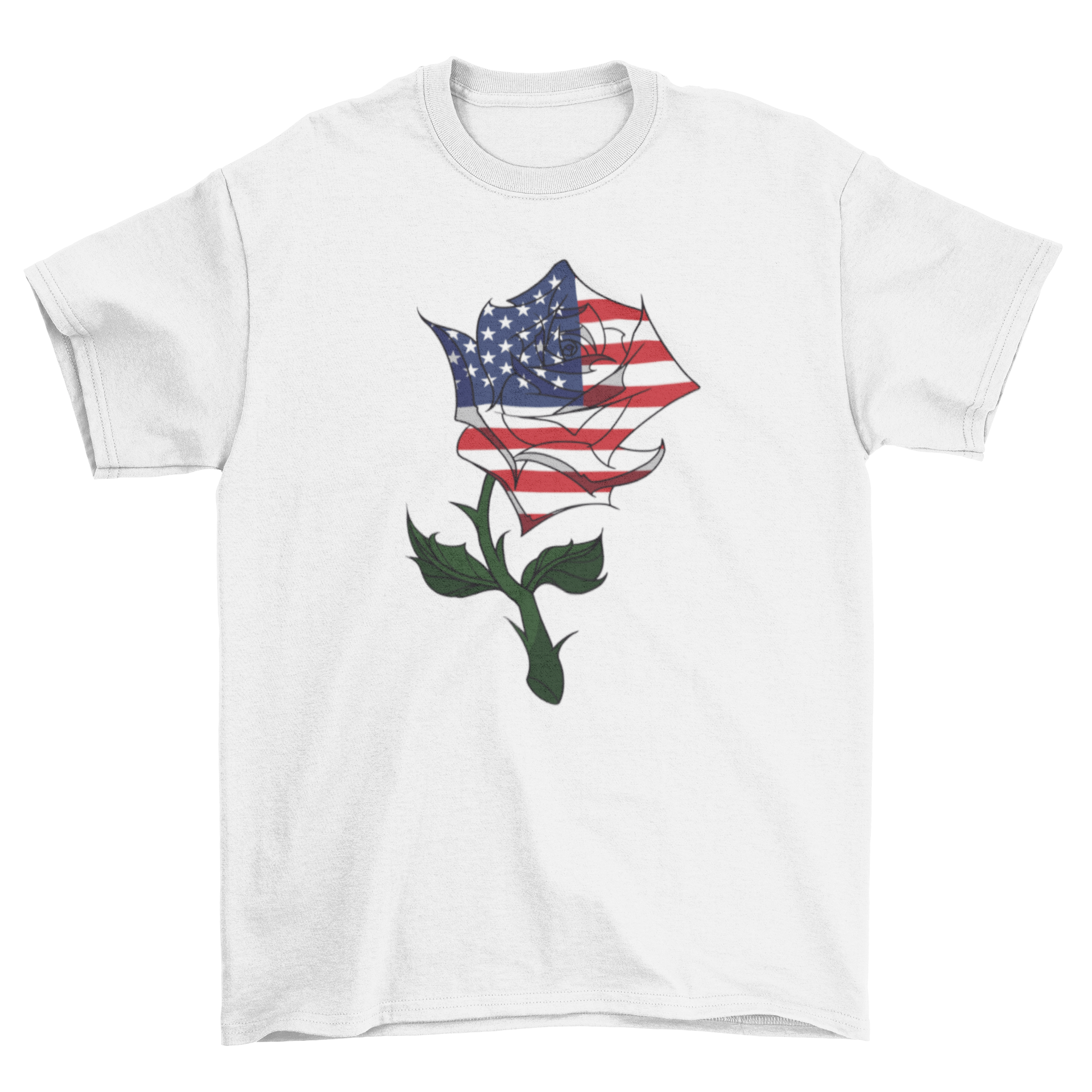 A stylish USA flag rose t-shirt featuring a vibrant rose illustration intertwined with the American flag, showcasing patriotism and artistic design.