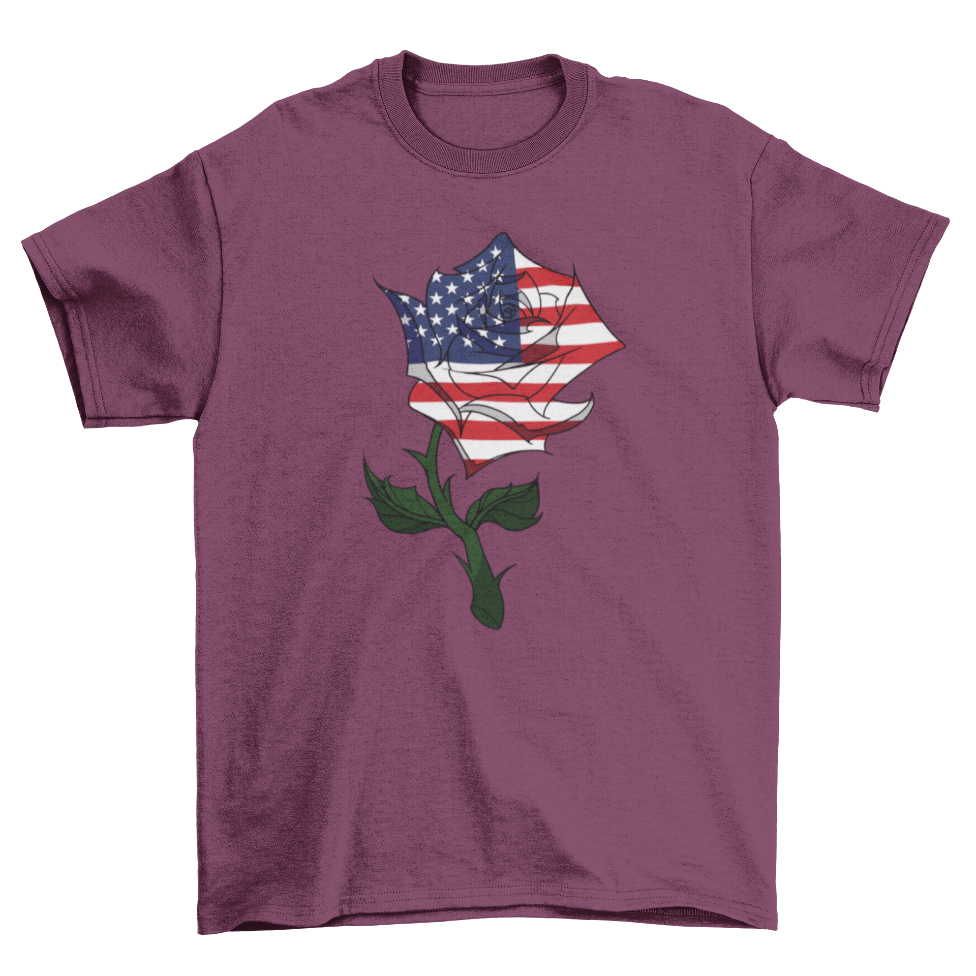 A stylish USA flag rose t-shirt featuring a vibrant rose illustration intertwined with the American flag, showcasing patriotism and artistic design.