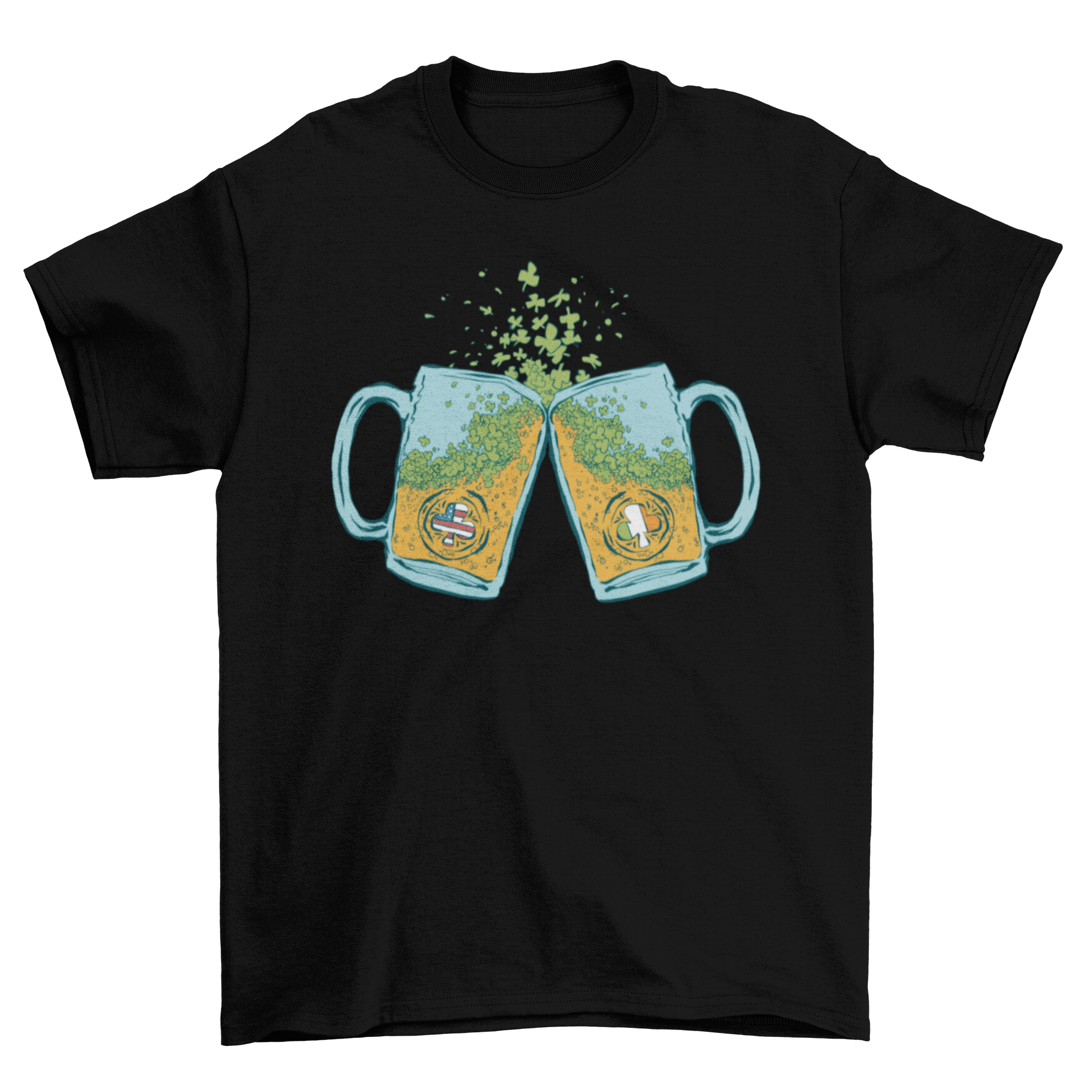 USA Irish Beer T-shirt featuring American and Irish flags with beer glasses design.