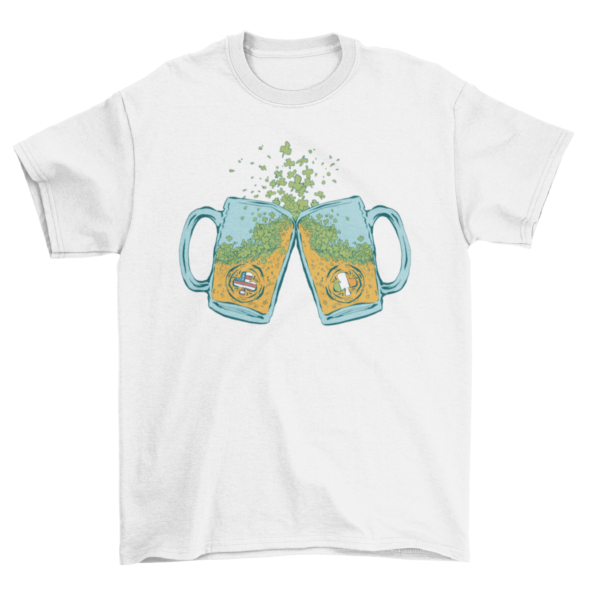 USA Irish Beer T-shirt featuring American and Irish flags with beer glasses design.