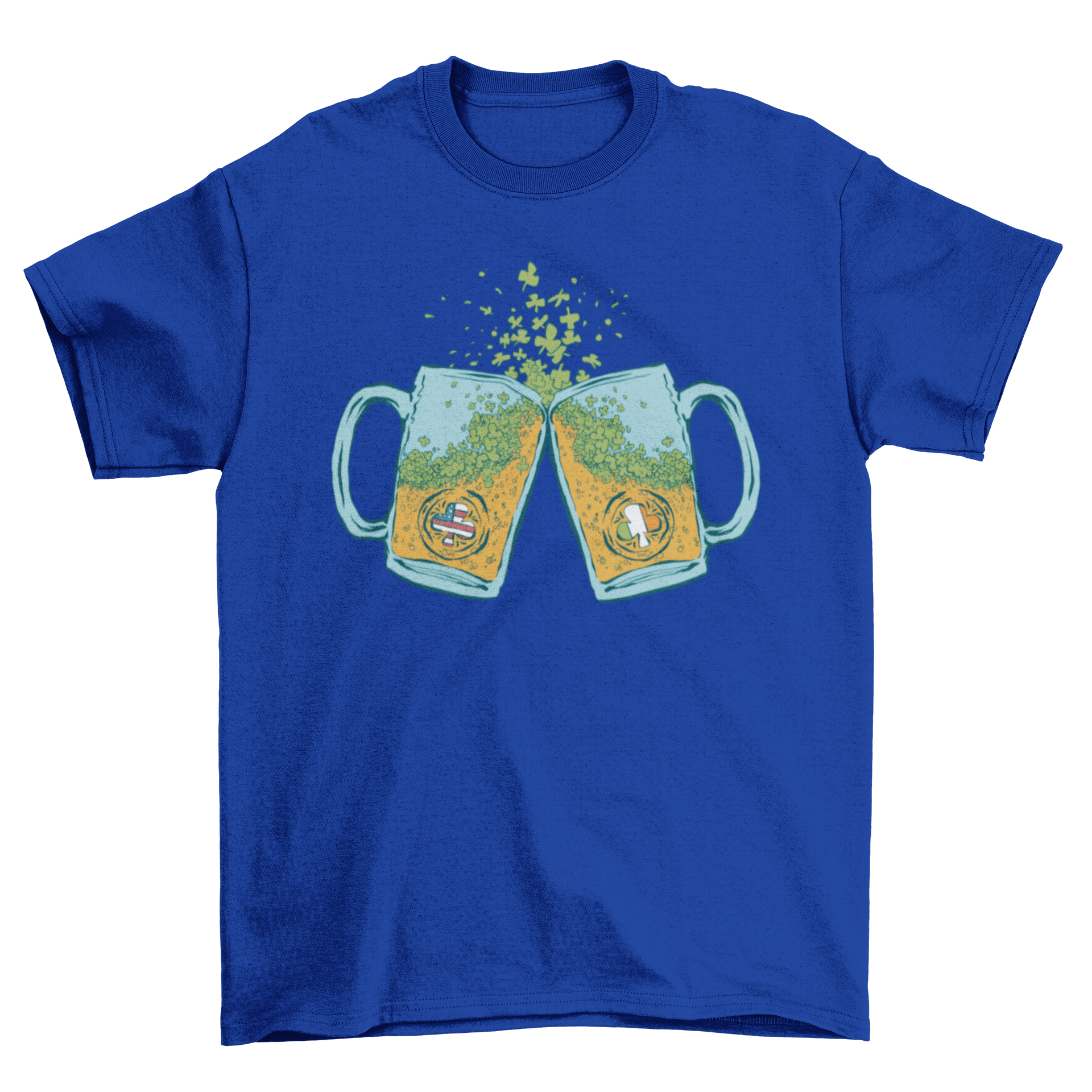 USA Irish Beer T-shirt featuring American and Irish flags with beer glasses design.