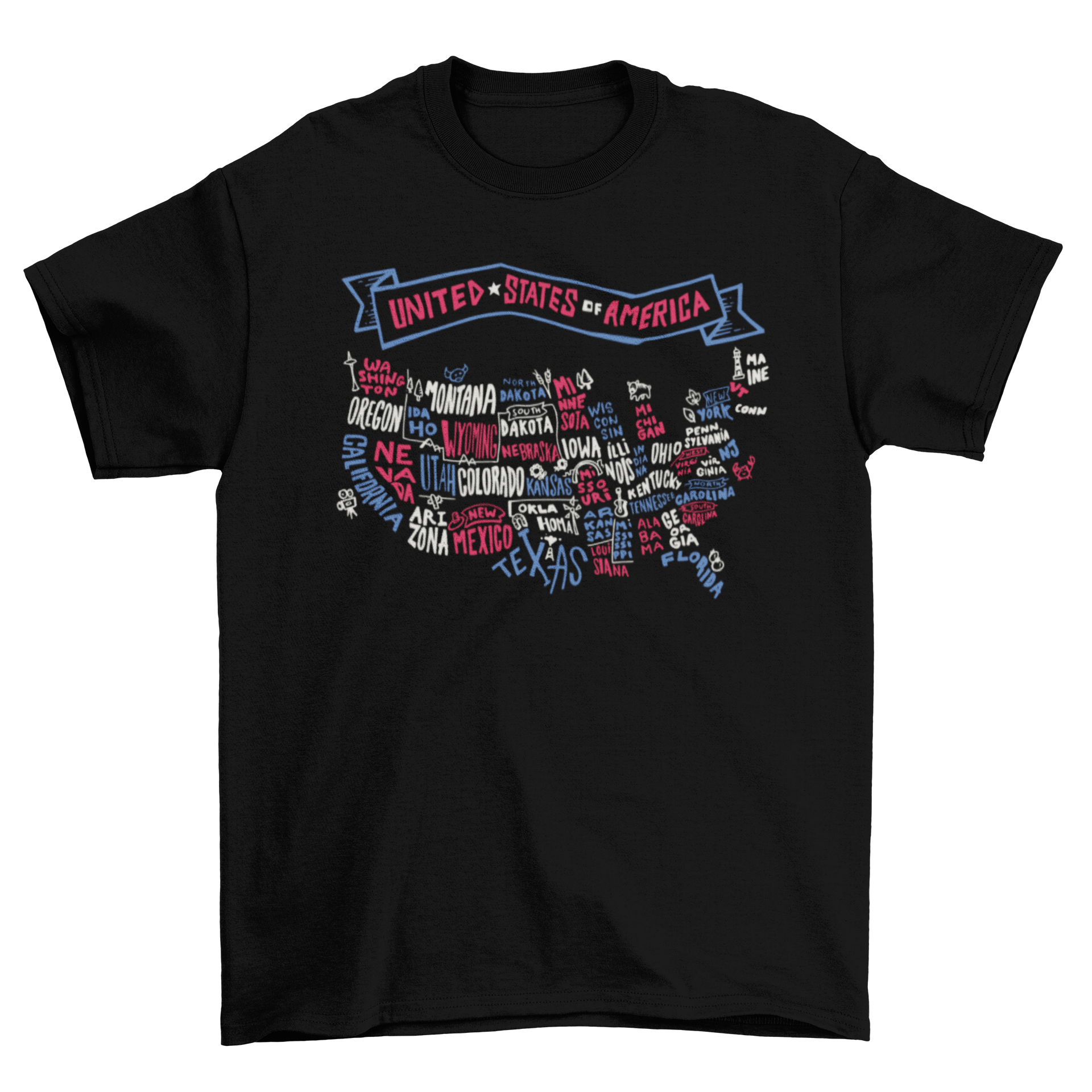 USA lettering t-shirt featuring an illustrated map and calligraphic styles, showcasing the diverse geography of the United States.