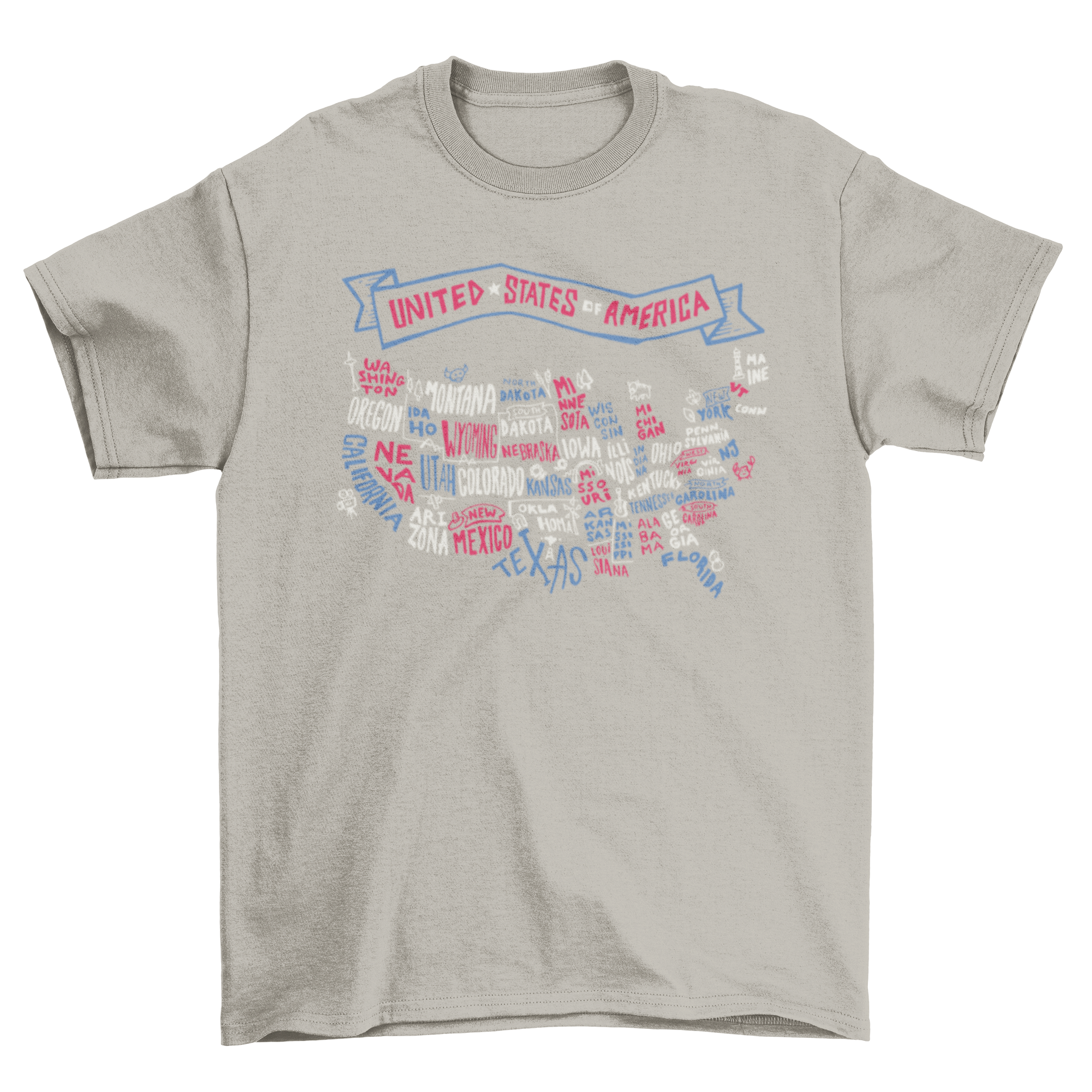 USA lettering t-shirt featuring an illustrated map and calligraphic styles, showcasing the diverse geography of the United States.