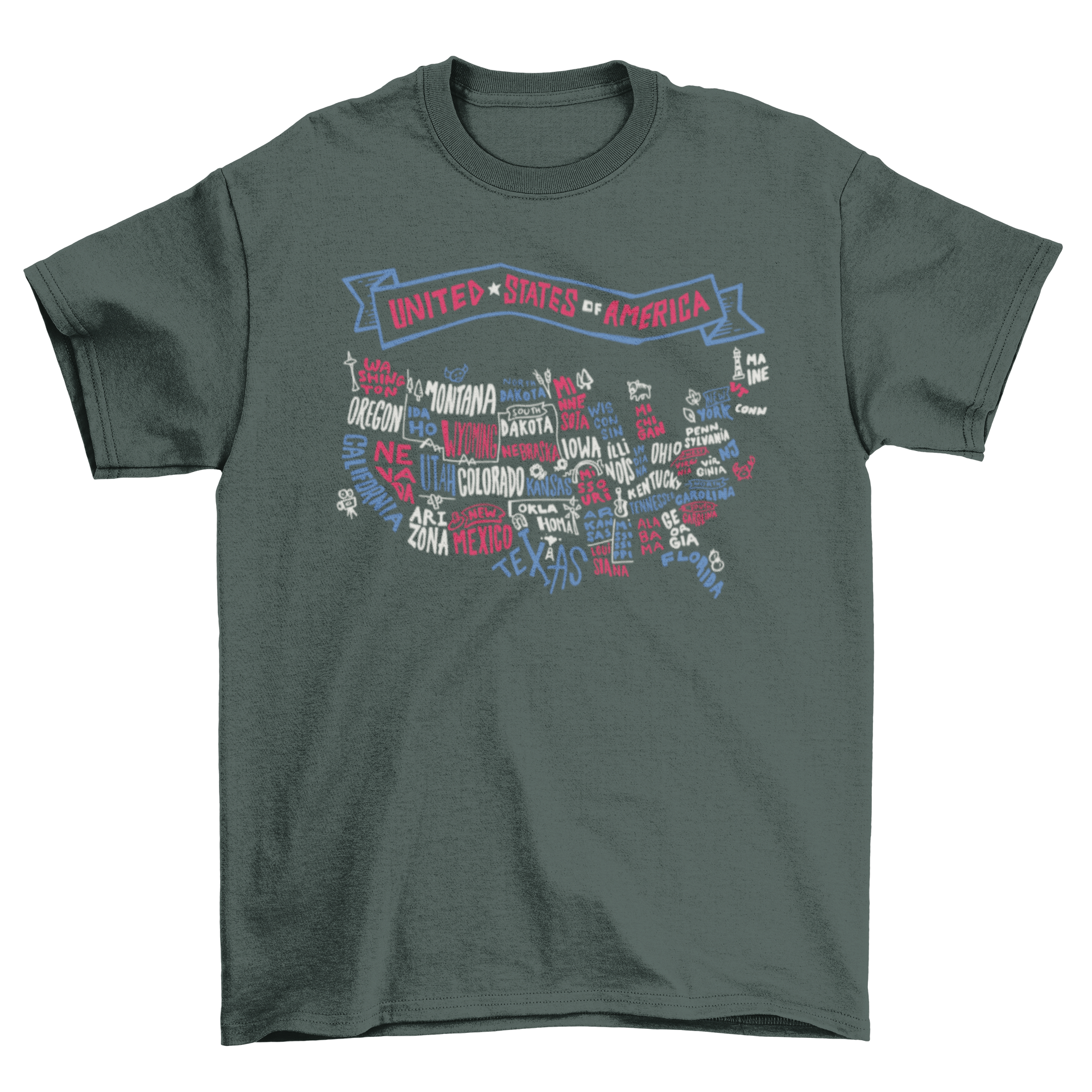 USA lettering t-shirt featuring an illustrated map and calligraphic styles, showcasing the diverse geography of the United States.