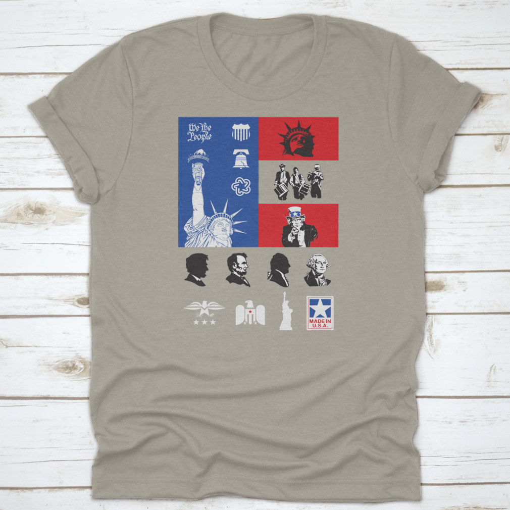 USA Symbols Icon Set shirt featuring a flag design, made from 100% cotton, showcasing comfort and style for travel enthusiasts.