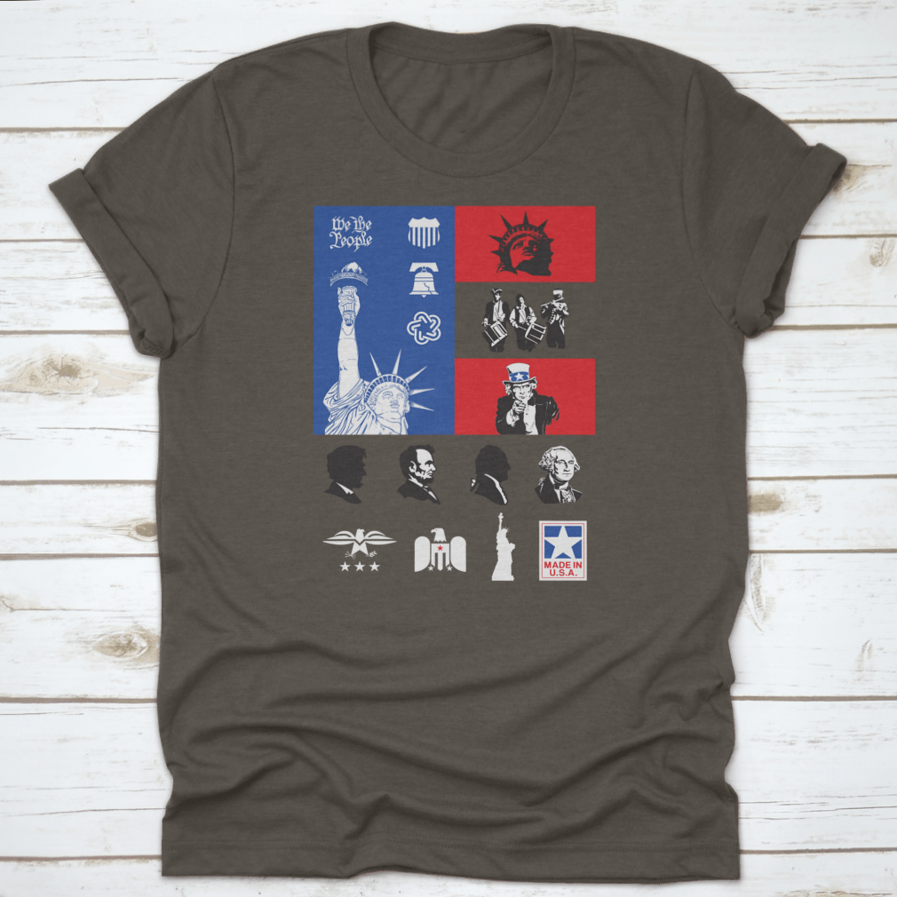 USA Symbols Icon Set shirt featuring a flag design, made from 100% cotton, showcasing comfort and style for travel enthusiasts.