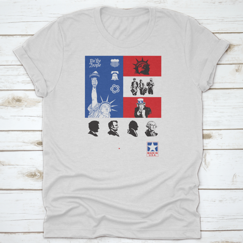 USA Symbols Icon Set shirt featuring a flag design, made from 100% cotton, showcasing comfort and style for travel enthusiasts.