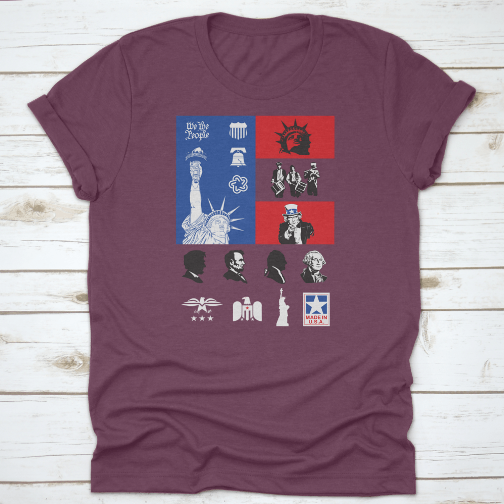 USA Symbols Icon Set shirt featuring a flag design, made from 100% cotton, showcasing comfort and style for travel enthusiasts.