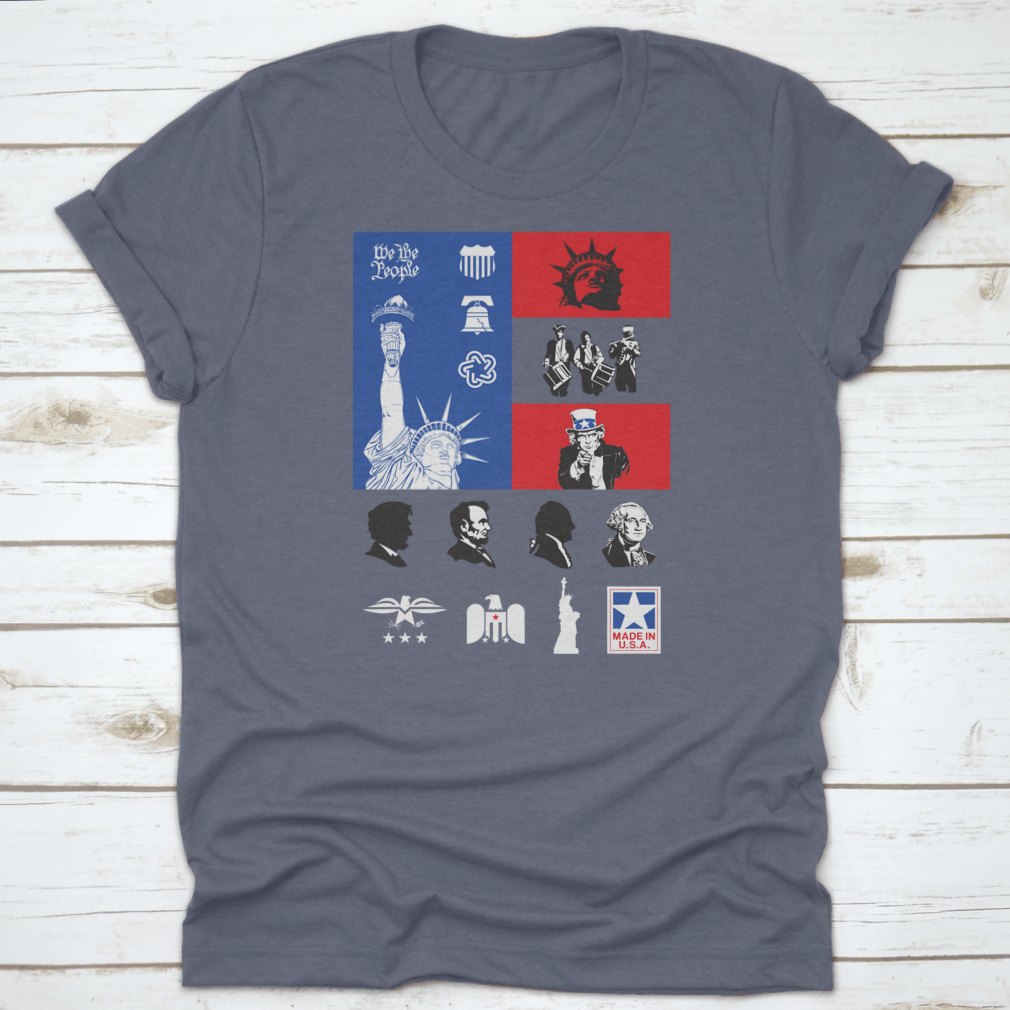 USA Symbols Icon Set shirt featuring a flag design, made from 100% cotton, showcasing comfort and style for travel enthusiasts.