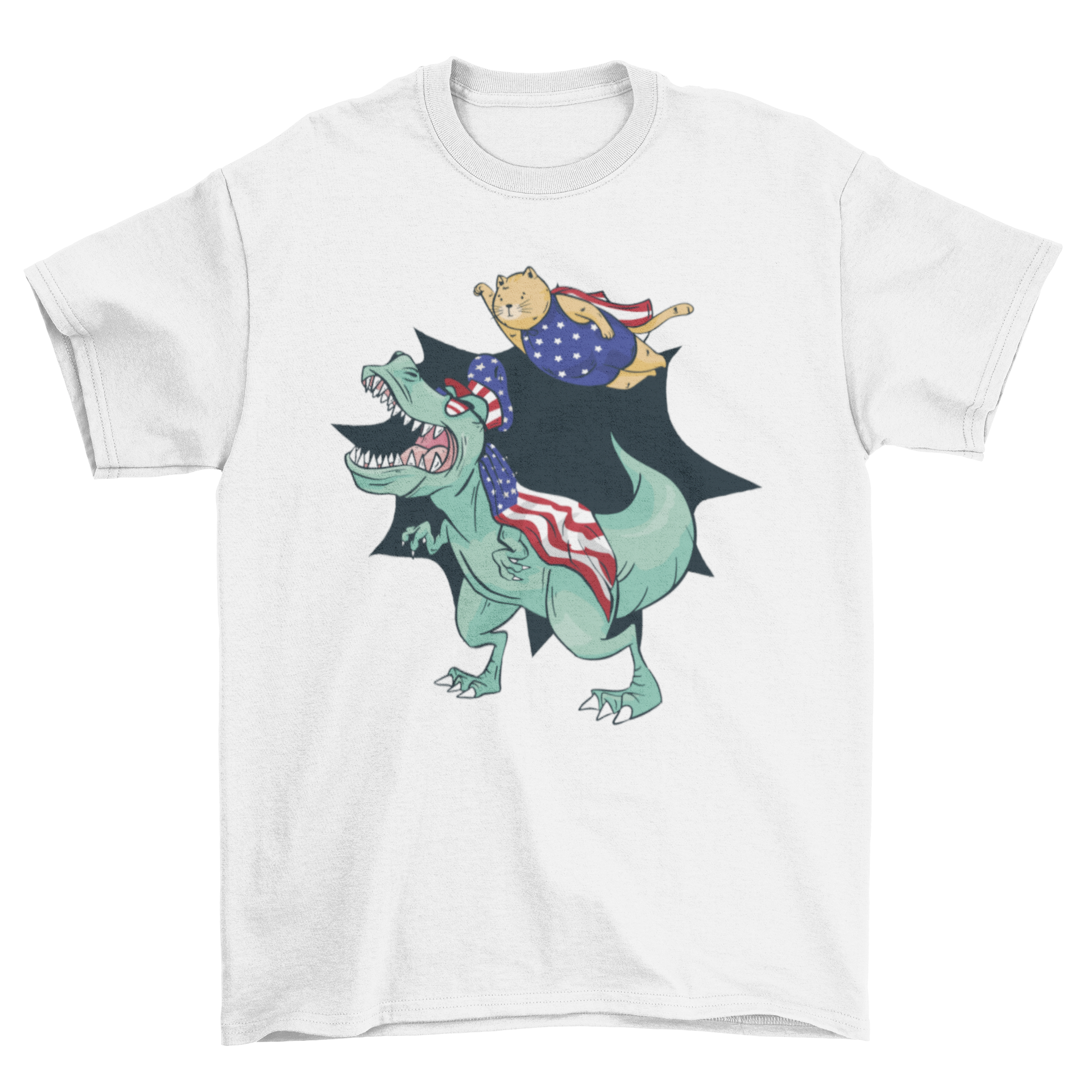 USA T-Rex and Cat T-Shirt featuring a T-Rex and a cat in suits with USA flags.