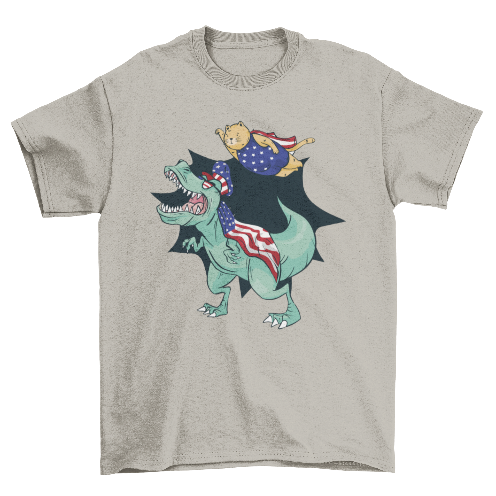 USA T-Rex and Cat T-Shirt featuring a T-Rex and a cat in suits with USA flags.