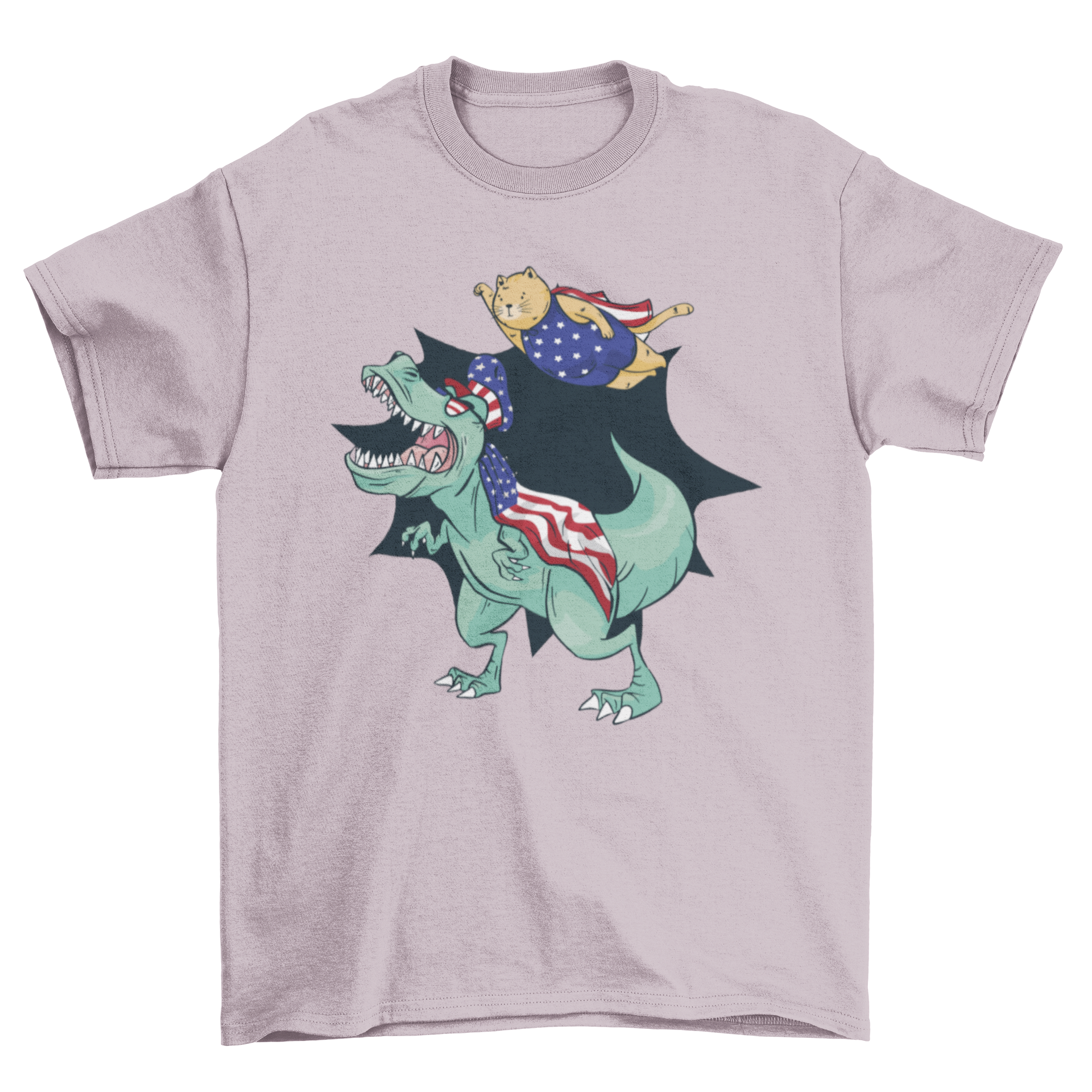 USA T-Rex and Cat T-Shirt featuring a T-Rex and a cat in suits with USA flags.