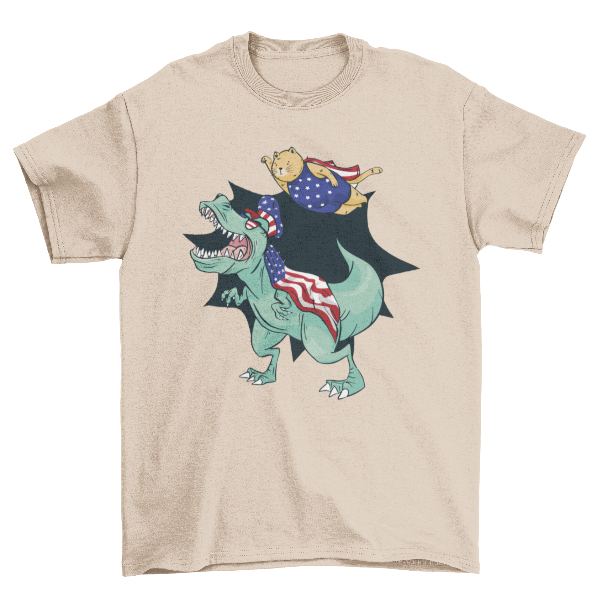 USA T-Rex and Cat T-Shirt featuring a T-Rex and a cat in suits with USA flags.