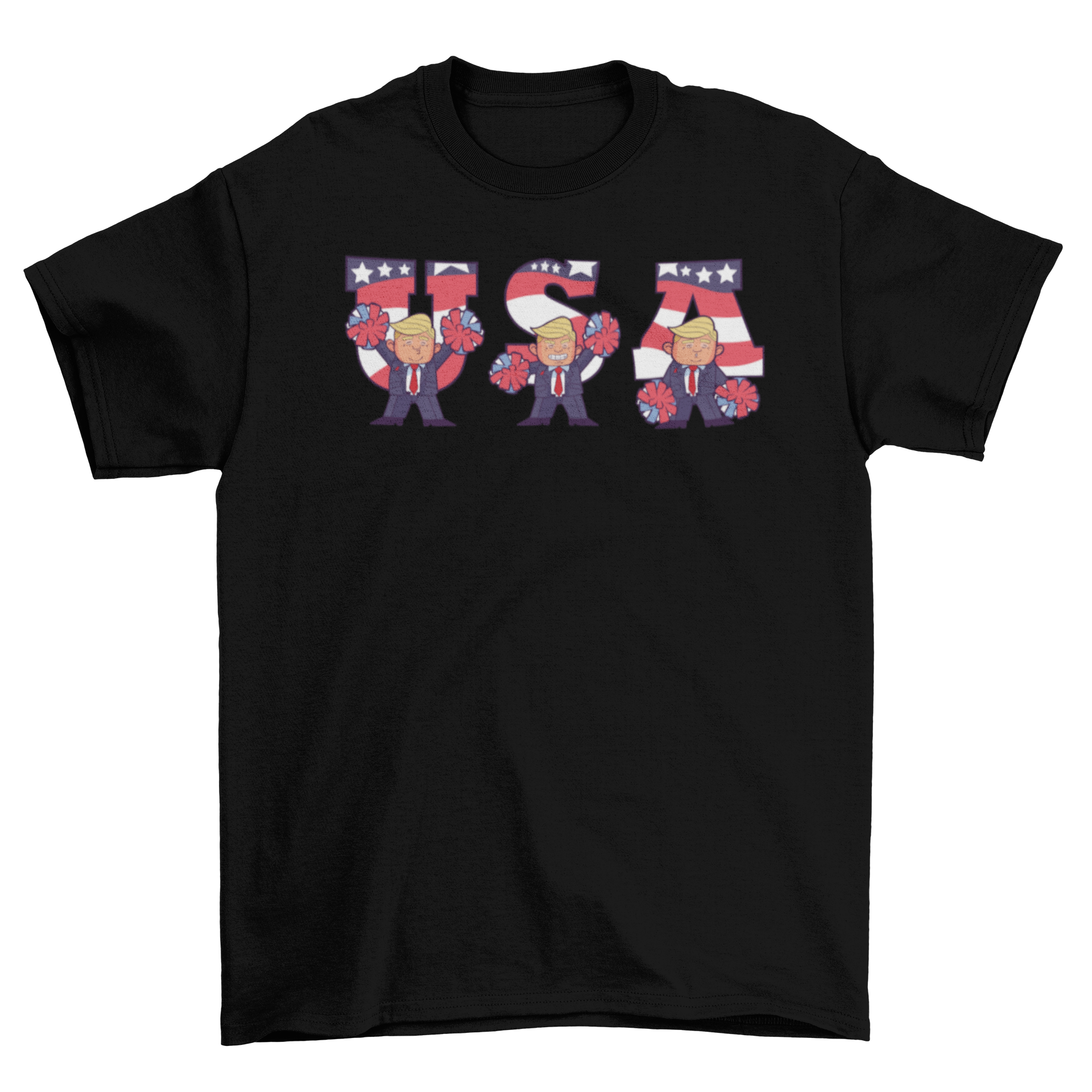 USA Trump Cartoon T-shirt featuring cheerful Trump cheerleader designs with the word USA.