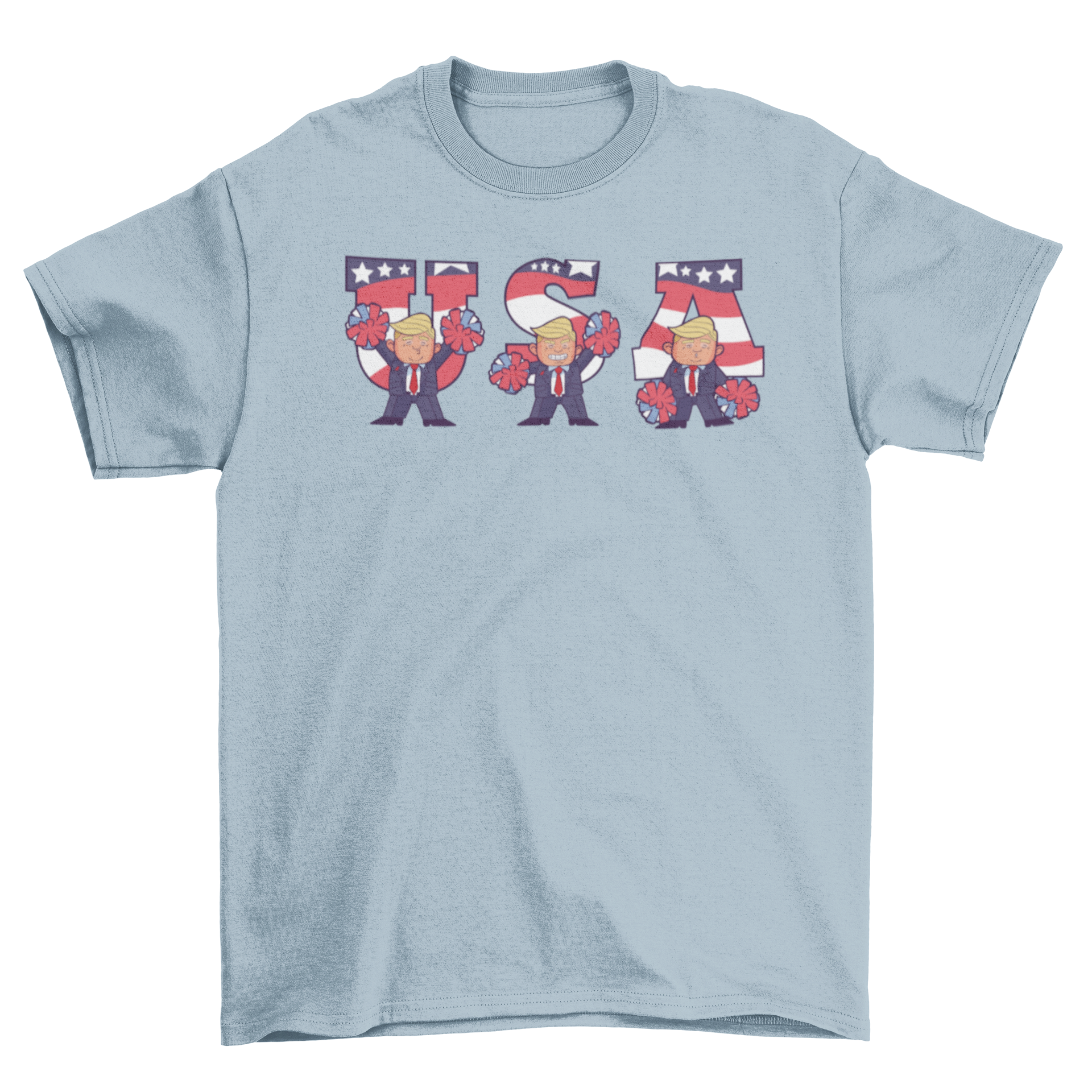 USA Trump Cartoon T-shirt featuring cheerful Trump cheerleader designs with the word USA.