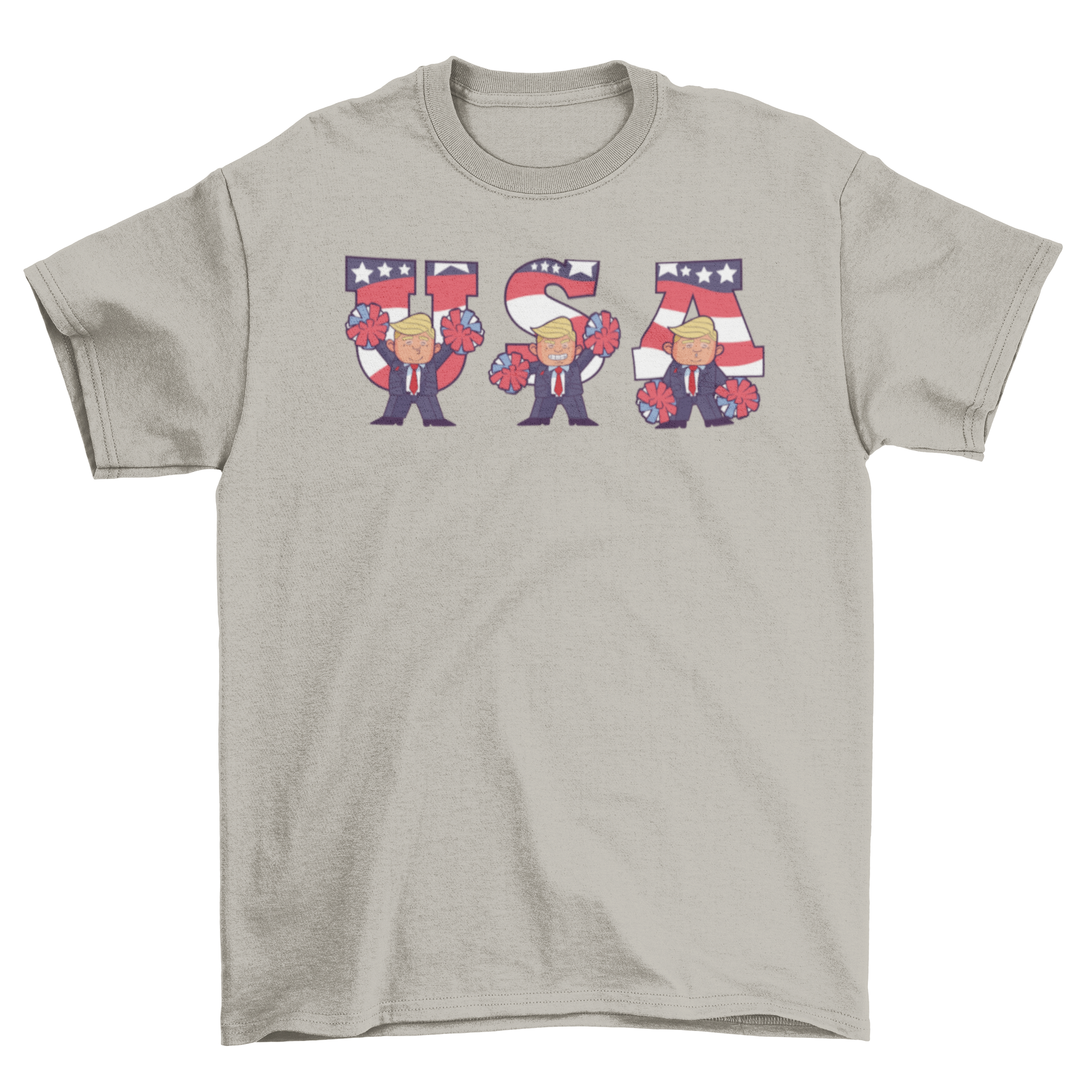 USA Trump Cartoon T-shirt featuring cheerful Trump cheerleader designs with the word USA.