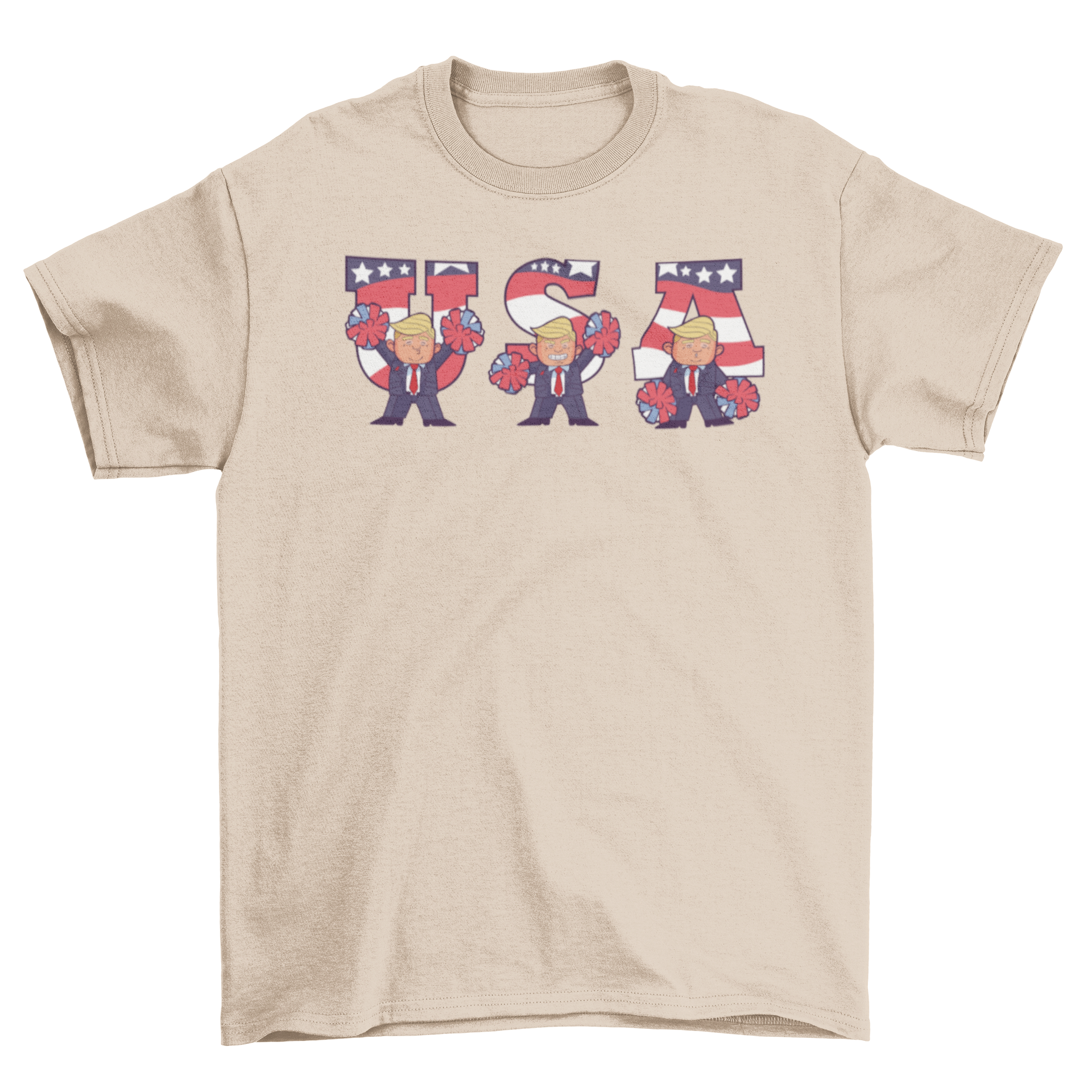 USA Trump Cartoon T-shirt featuring cheerful Trump cheerleader designs with the word USA.