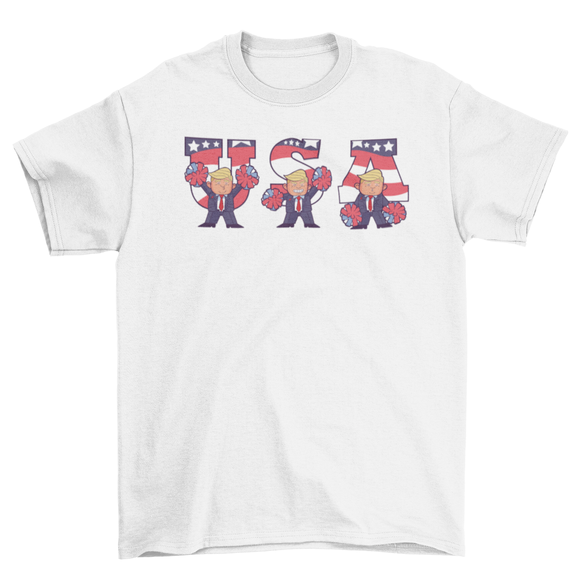 USA Trump Cartoon T-shirt featuring cheerful Trump cheerleader designs with the word USA.