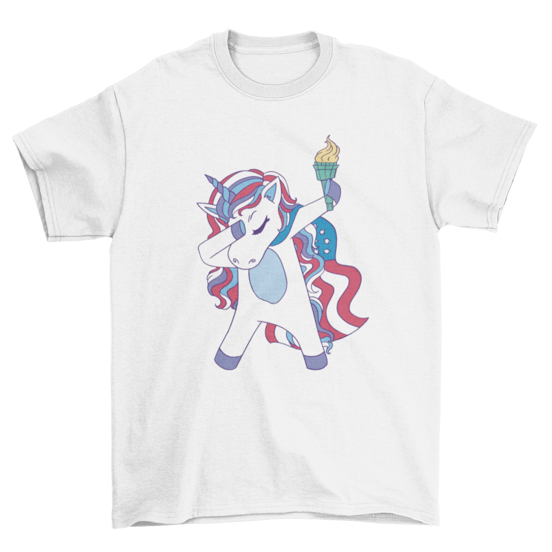 A vibrant t-shirt featuring a dabbing unicorn in USA flag colors, perfect for casual wear.