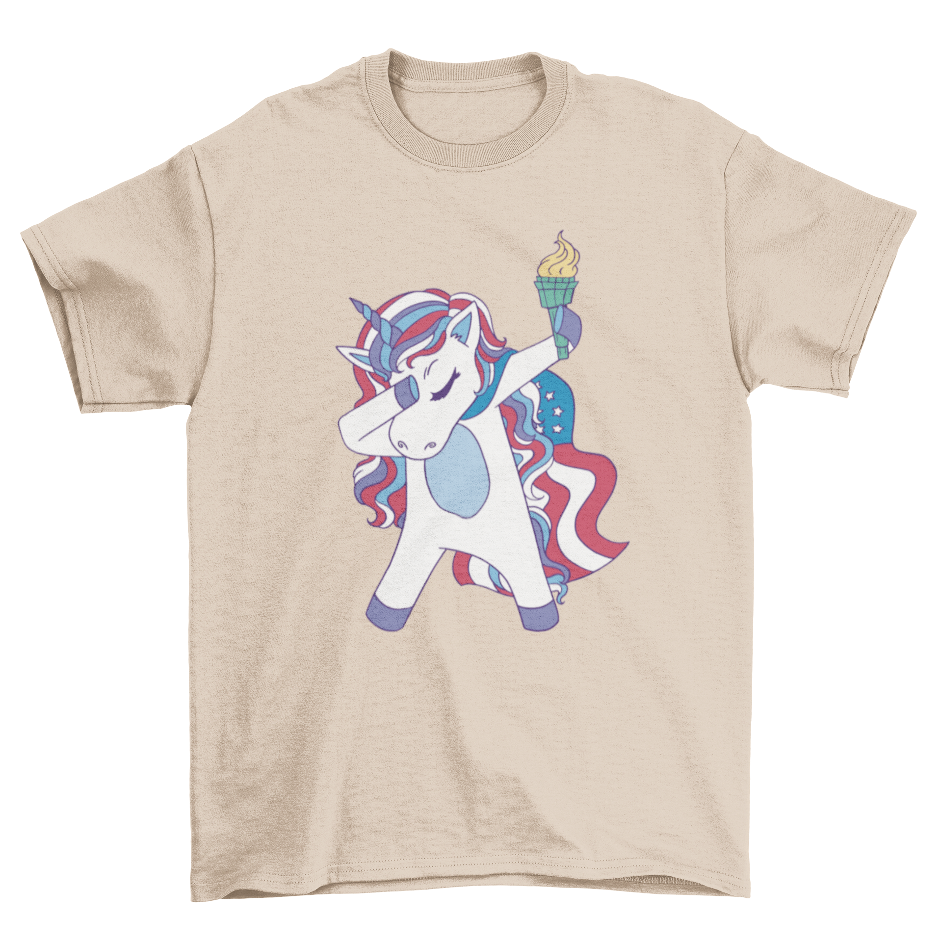 A vibrant t-shirt featuring a dabbing unicorn in USA flag colors, perfect for casual wear.